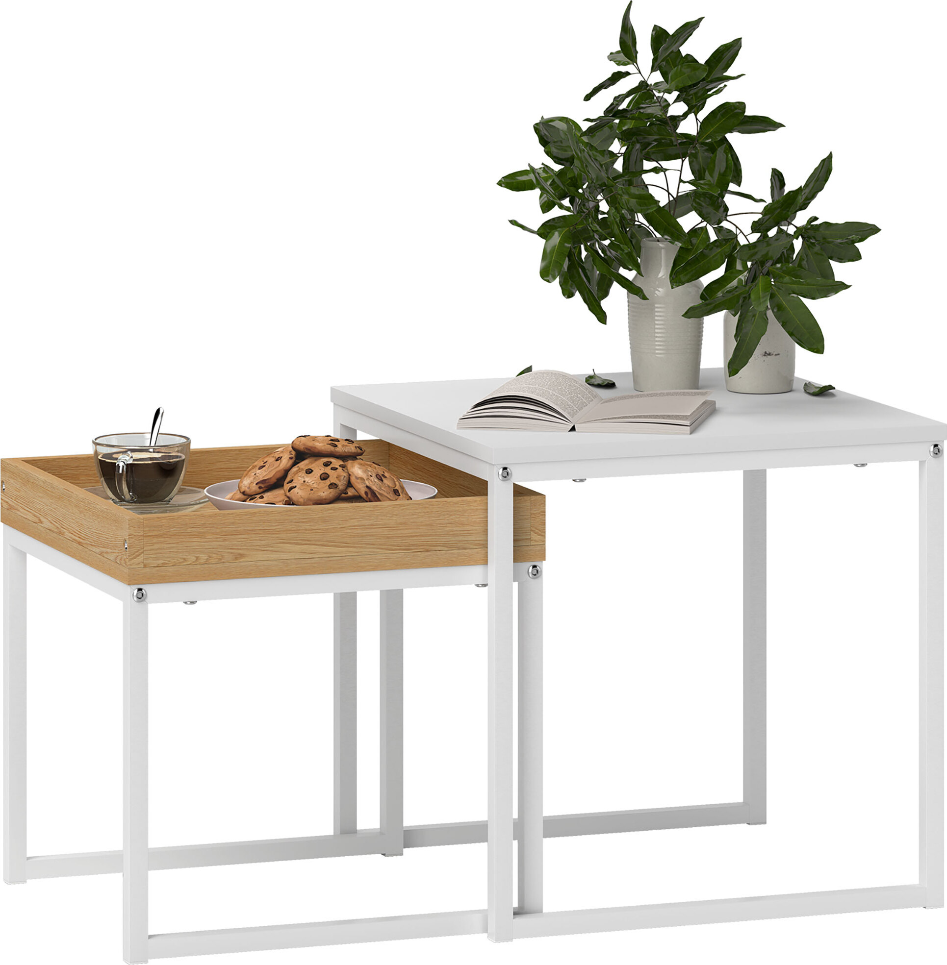 HOMCOM 2er-Set Couchtisch, Eckiger Beistelltisch, Kaffeetisch mit Stahlgestell, Sofatisch im modern Design, für Wohnzimmer, bis 30 kg Belastbar, Weiß+Eiche 83B-121V00WT