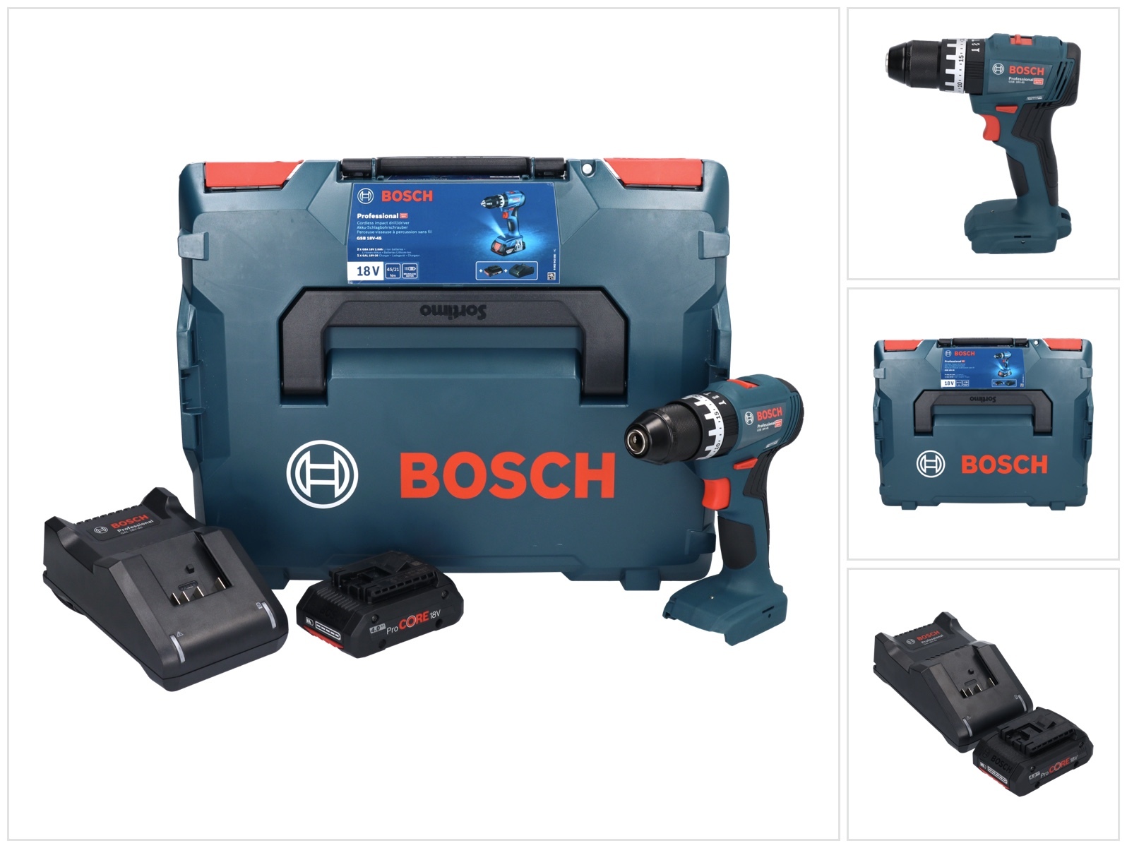 Bosch GSB 18V-45 Akumulátorová príklepová vŕtačka 18 V 45 Nm Brushless + 1x akumulátor ProCORE 4,0 Ah + nabíjačka + L-Boxx