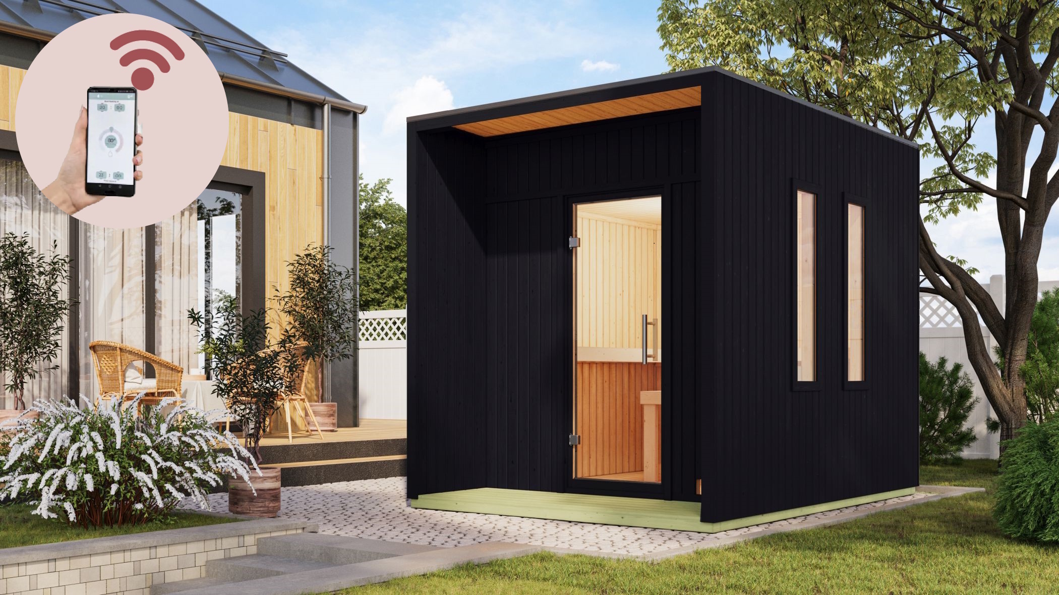 Karibu Saunahaus Außensauna Gartensauna Außensauna LAGUNA schwarz 220 x 288 cm inkl. 9kw Ofen und HUUM WIFI Steuergerät Sparset 38mm Wandstärke 27908