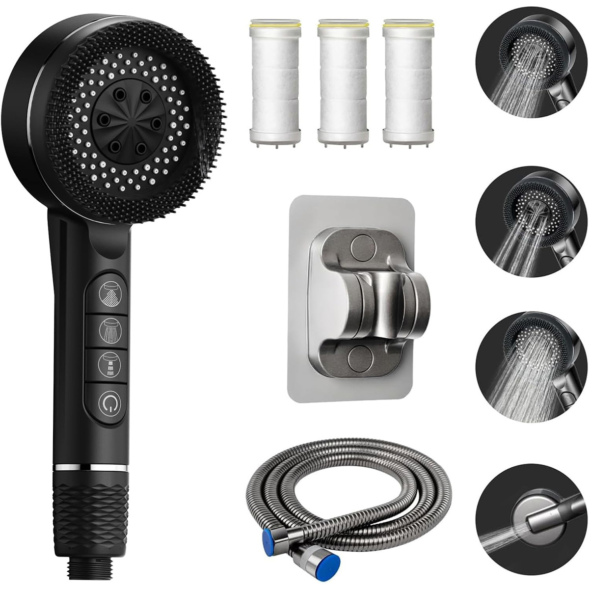 Dopwii Duschköpfe, Duschkopf mit Schlauch,Duschkopf Wassersparend mit Filter,Duschbrause mit Schlauch 1,5M, 4 Strahlarten Duschkopf Druckerhöhend Handbrause KAUF-WOHN-BH392-020