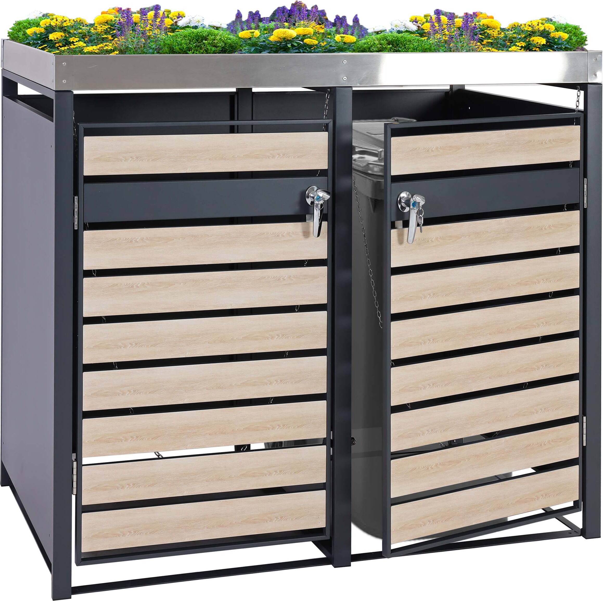 2er Mülltonnenverkleidung mit Pflanzkasten HWC-J81, erweiterbar, 125x132x80cm Metall 47kg, anthrazit Buche-Holzoptik