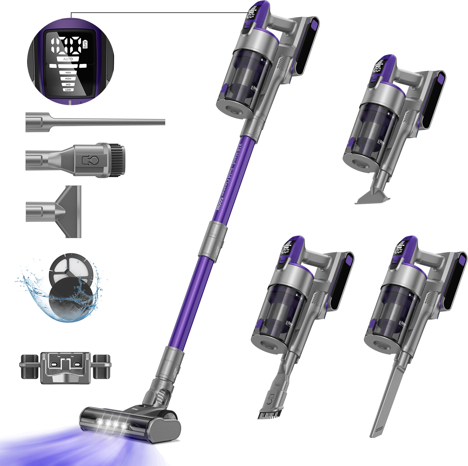 Redkey X18 tyčový vysávač, 500W 33KPa batériový vysávač, 65 minút výdrže batérie, akumulátorový vysávač 8 v 1 s LED diódou, inteligentný automatický režim