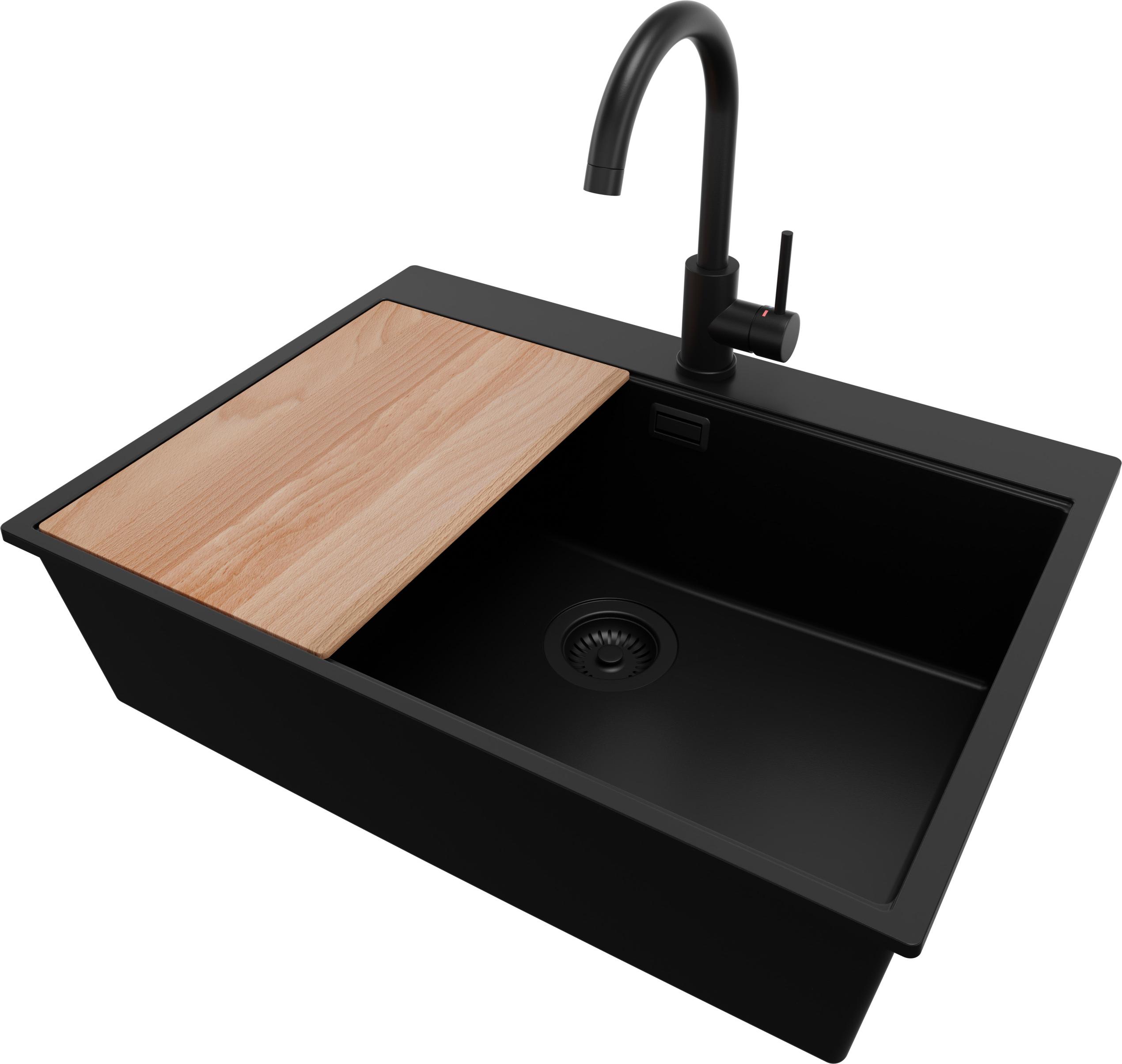 PRIMAGRAN Granitspüle Alles Schwarz 68x50cm, Spülbecken 1 Becken + Küchenarmatur 32x20cm + Ablauf-Set + Schneidebrett, Küchenspüle ab 70er Unterschrank - Oslo