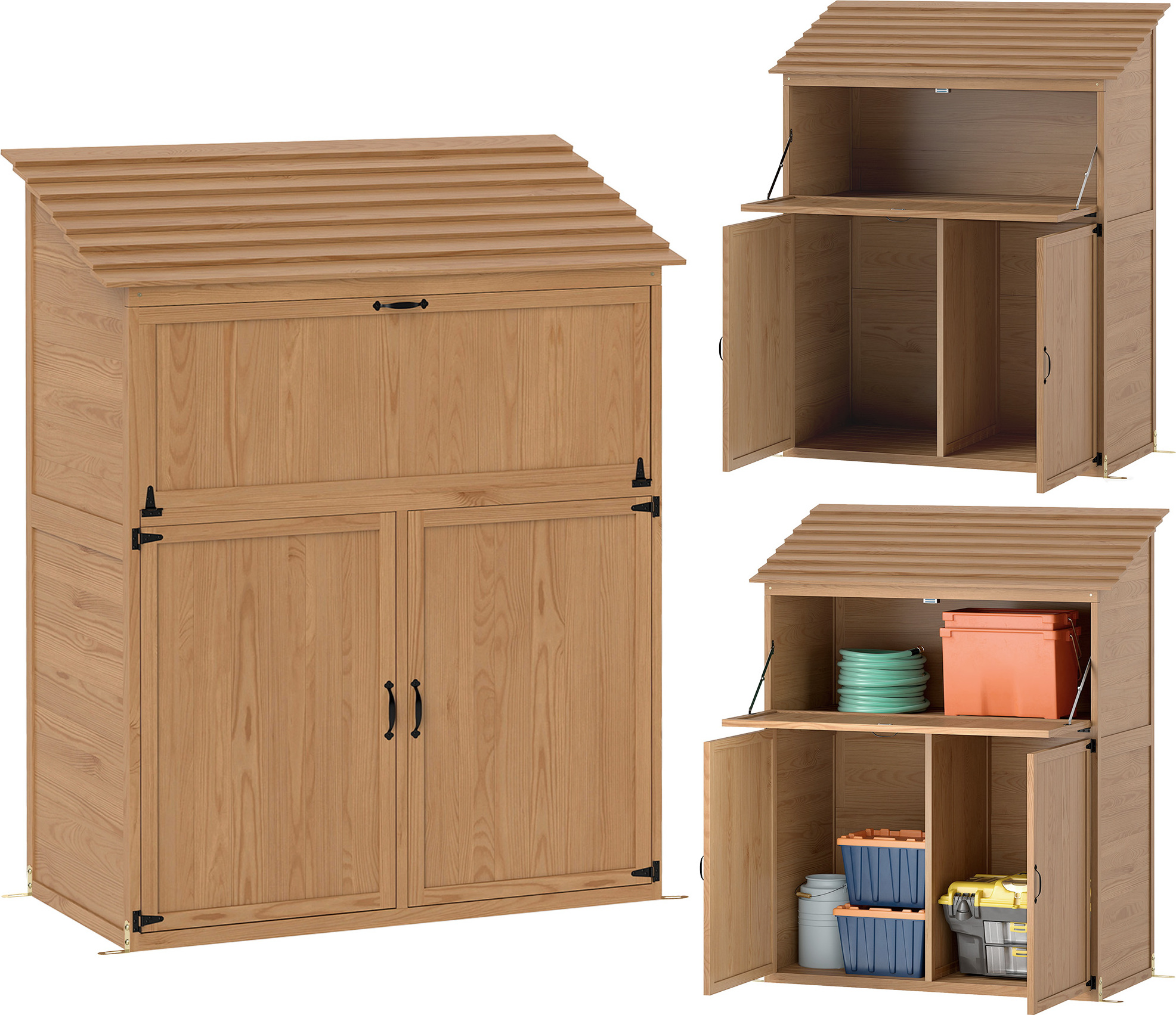 Vonkajší drevený záhradný domček, prístrešok na náradie so stupňovitou strechou, skladací stôl s dvojitými dverami na záhradu, terasu, prírodné drevo