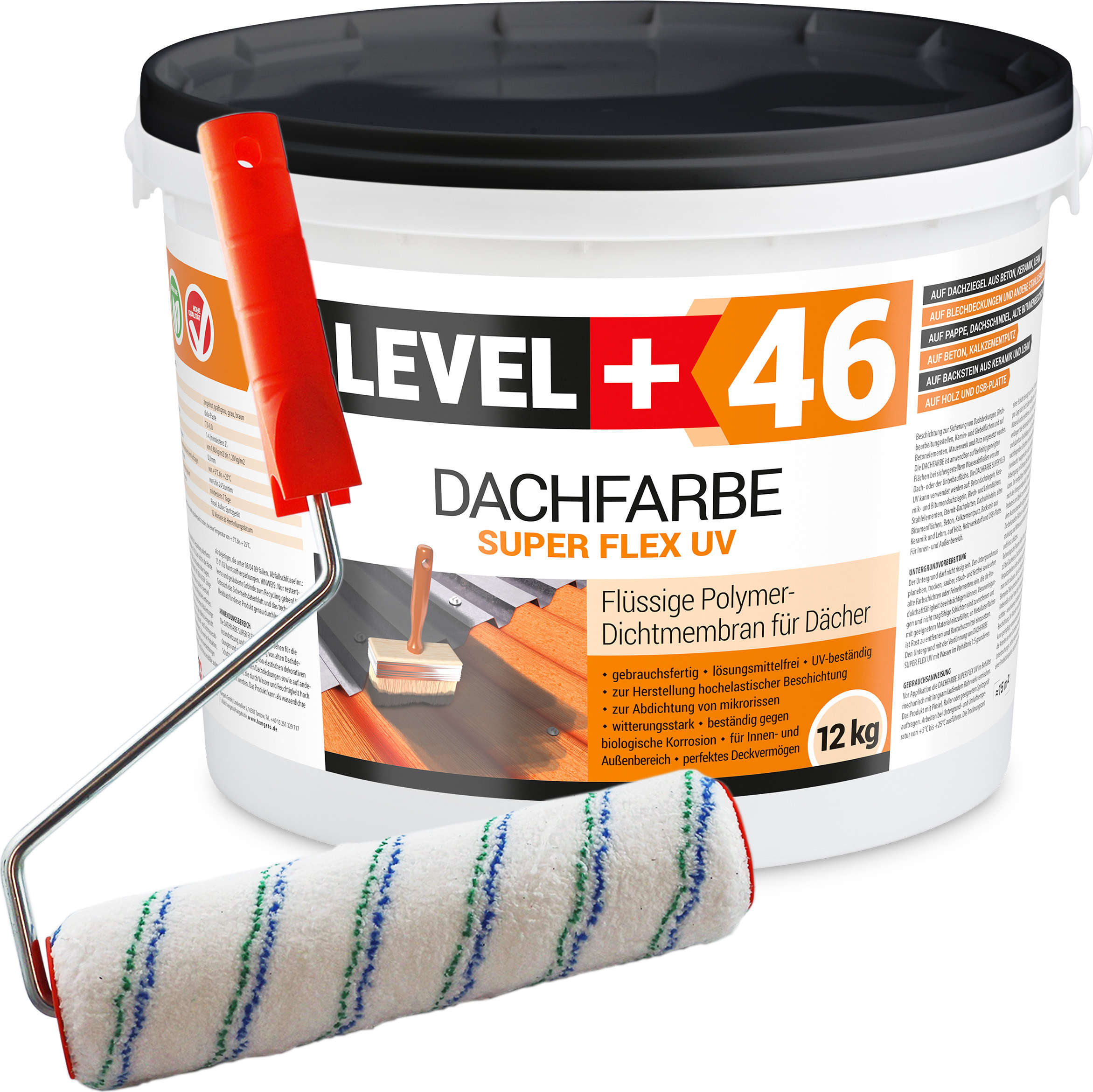 Hangato GmbH Dachfarbe 12kg Flexible Sockelfarbe Dachlack Braun+Farbroller 25cm Set RM46 RM46_B_12_FR