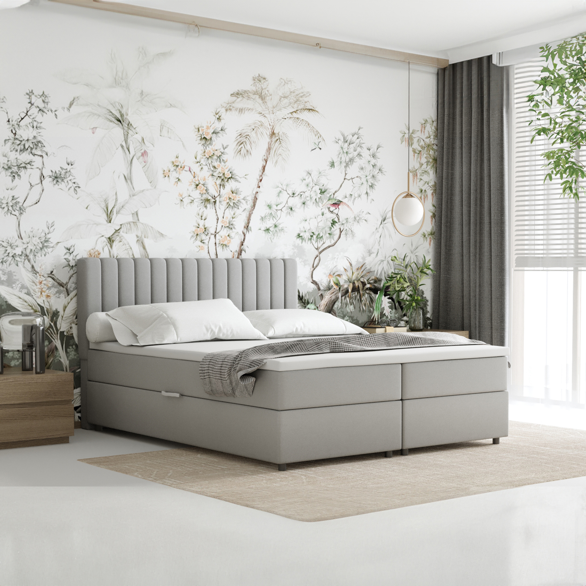 Boxspringbett 160x200 EVEREST, mit Topper, mit Bettkästen, Doppelbett, Hellgrau, Panda Möbel