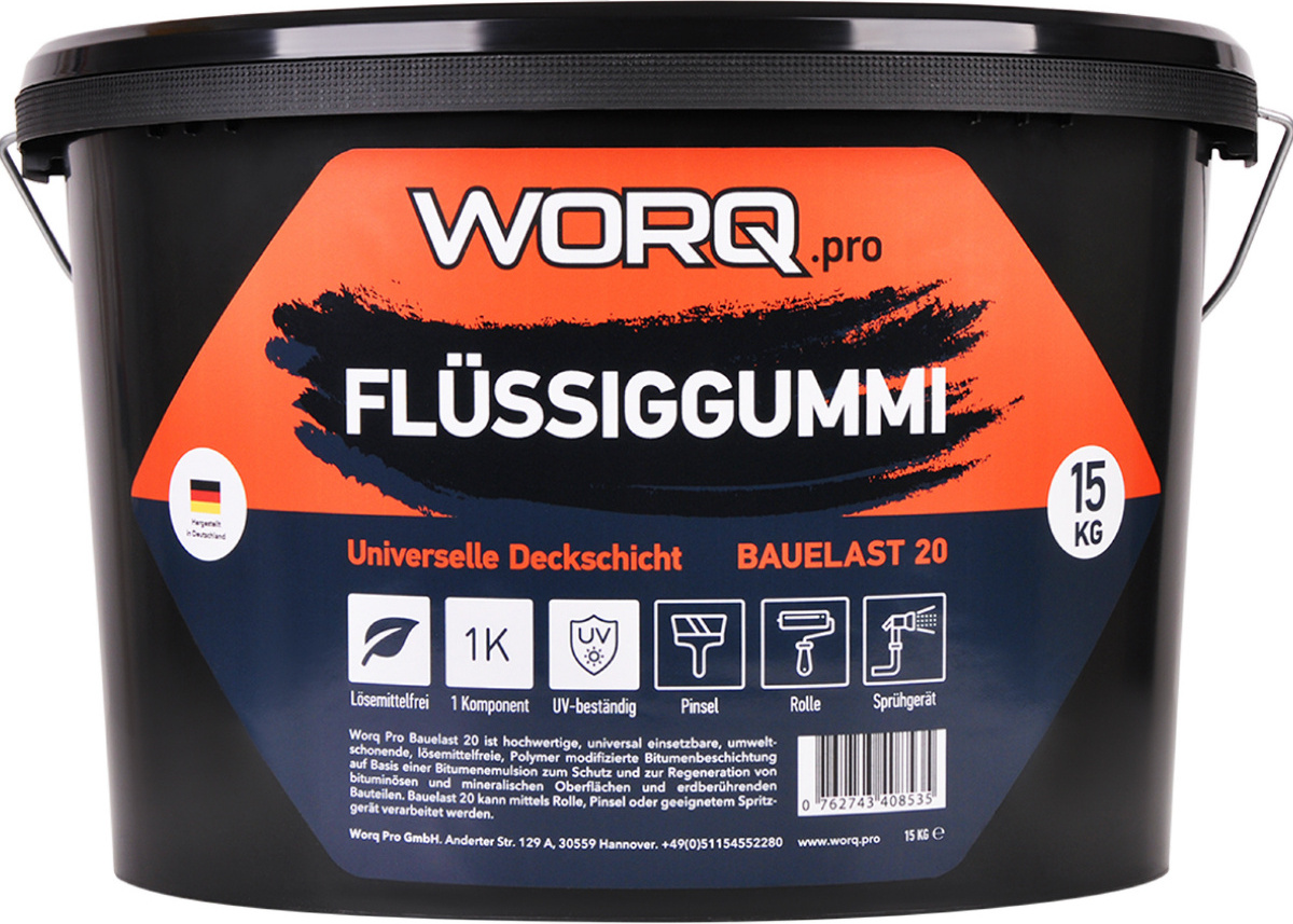Worq Pro GmbH WORQ Bauelast 20 Flüssiggummi 15 KG Dachanstrich, Bitumenanstrich,Dachabdichtung BE20-15000