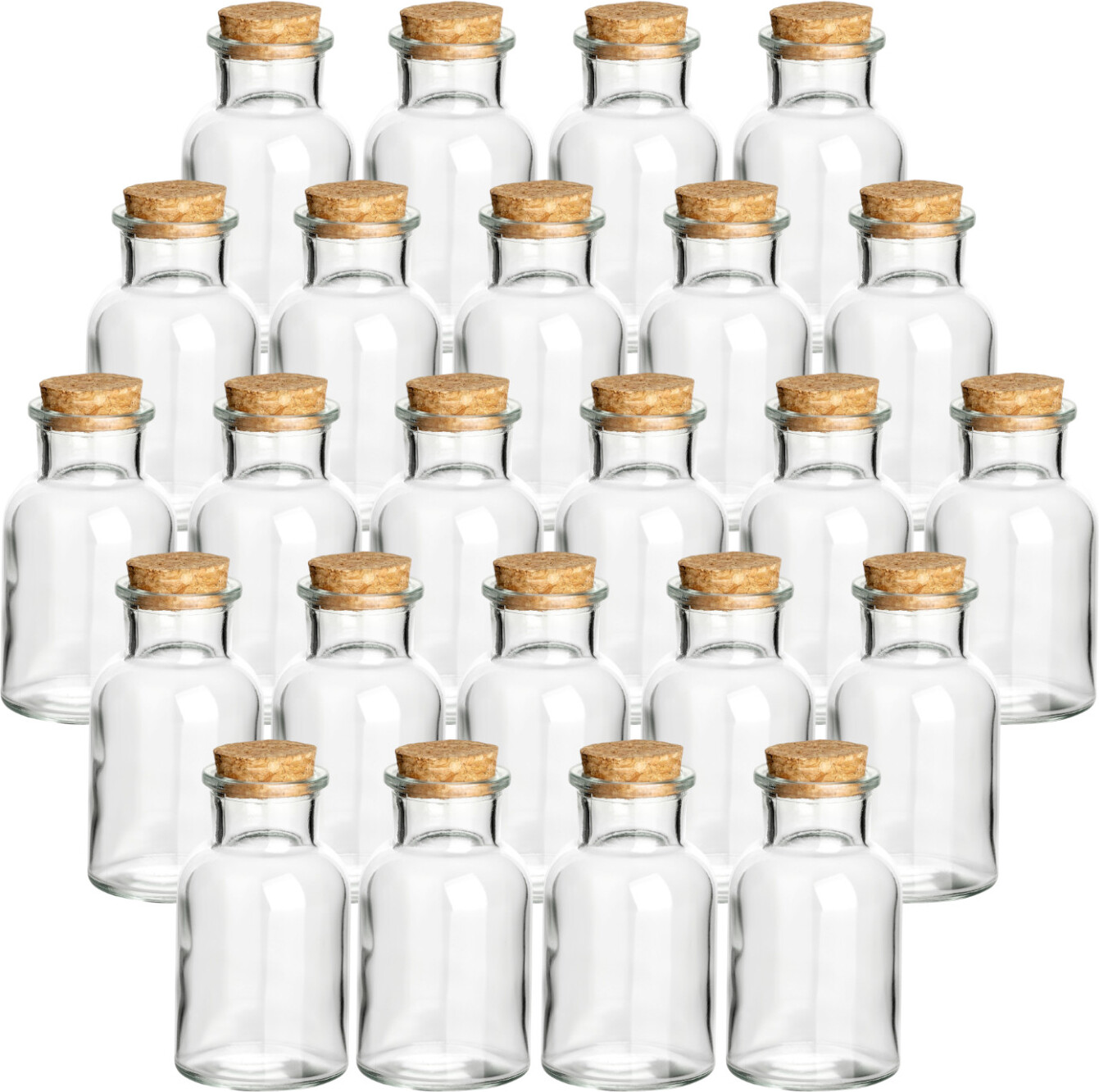 gouveo 24er Set Gewürzgläser 125 ml rund mit Korken - Kleine Korkengläser mit Korkverschluss - Leere Vorratsgläser für Kräuter, Gewürze - Kleine runde Glasdose