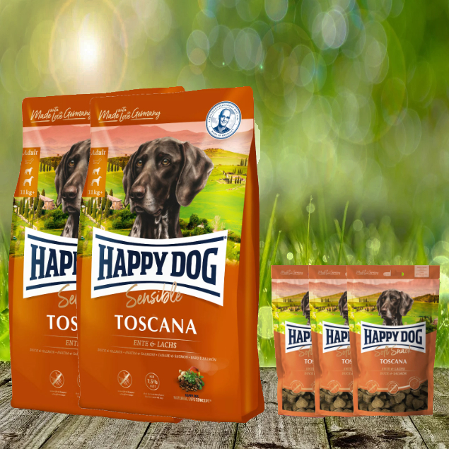 25 kg Happy Dog Supreme Toscana 2 x 12,5 kg + 3 x 100 g. Happy Dog Soft Snack Toscana