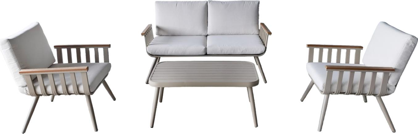 Hliníkový set: Pohovka na terasu + stolík + 2 kreslá - oblé s béžovými vankúšmi