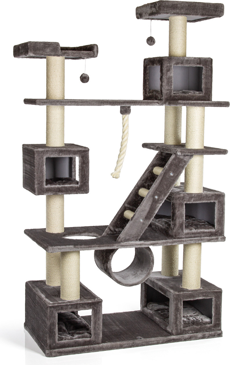 Kratzbaum Logan . XXL Katzen-Kletterparadies mit 5 Katzenhöhlen . grau . ca. 121 x 60 x 229 cm