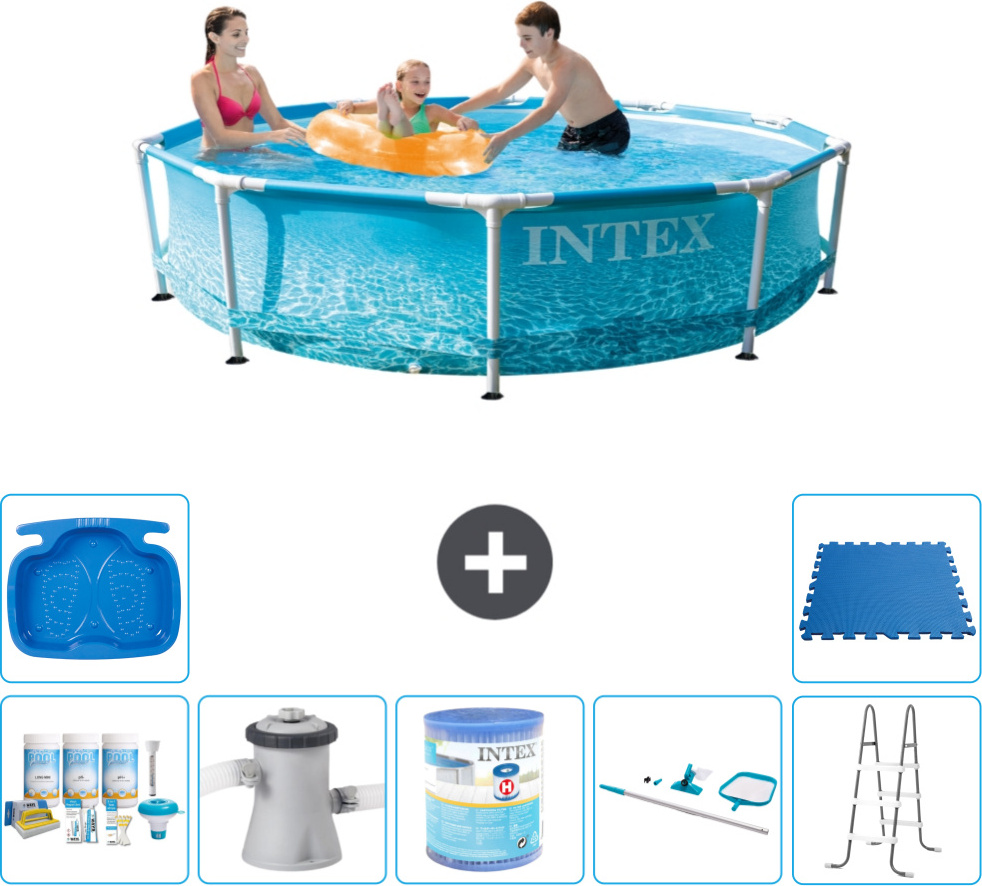 Bazén Intex s okrúhlym rámom - 305 x 76 cm - tlak vody - balík údržby v cene - filtračné čerpadlo pre bazén - filter - čistiaca súprava - rebrík - vaňa pre nohy