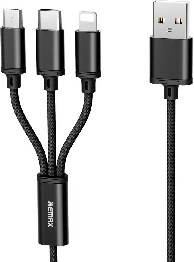 Remax 3v1 nylonový nabíjací kábel 2,8A Micro USB TYP-C konektor Fast Charge rýchlonabíjací kábel kompatibilný so smartfónom tabletom čierny