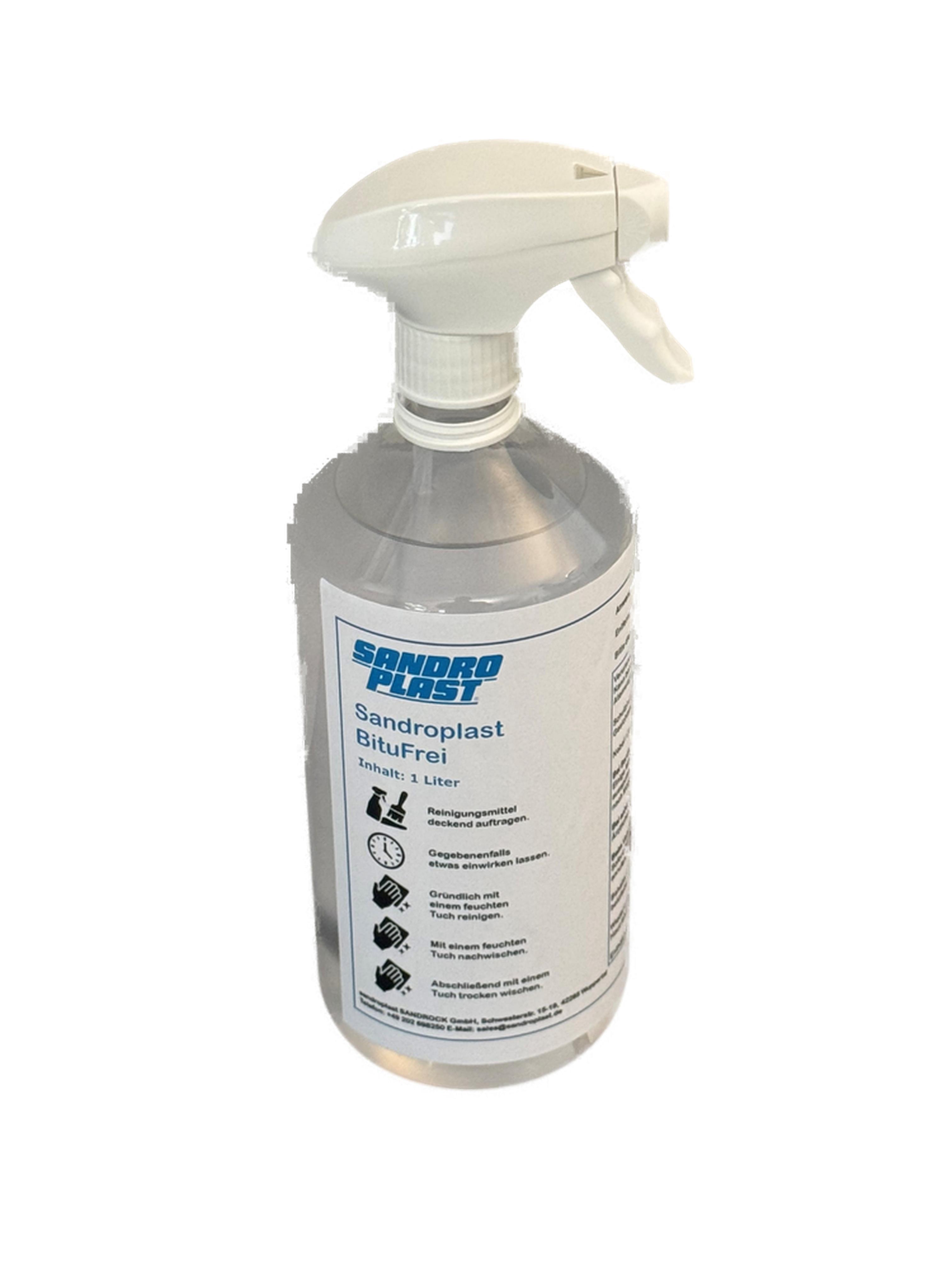 Sandroplast BituFrei 1 L (mit separatem Sprühkopf) zum Entfernen bitumenhaltiger Verschmutzungen, Bitumenreiniger, Bitumen-Entferner, Teer-Entferner 8600001