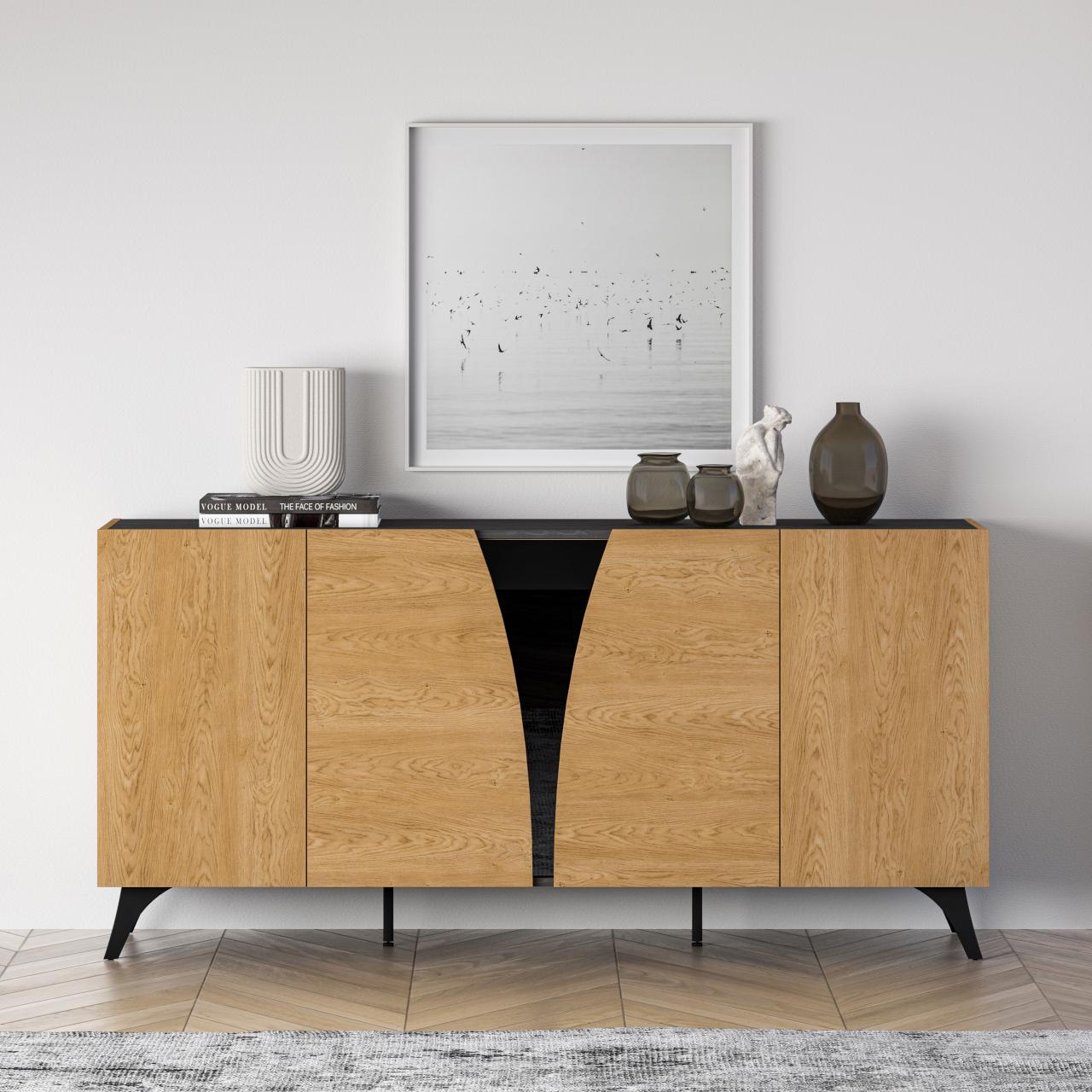 VENETI Breite Kommode ANNIKA - baltische Düneneiche / Portland-Schwarzesche 046-10-00124