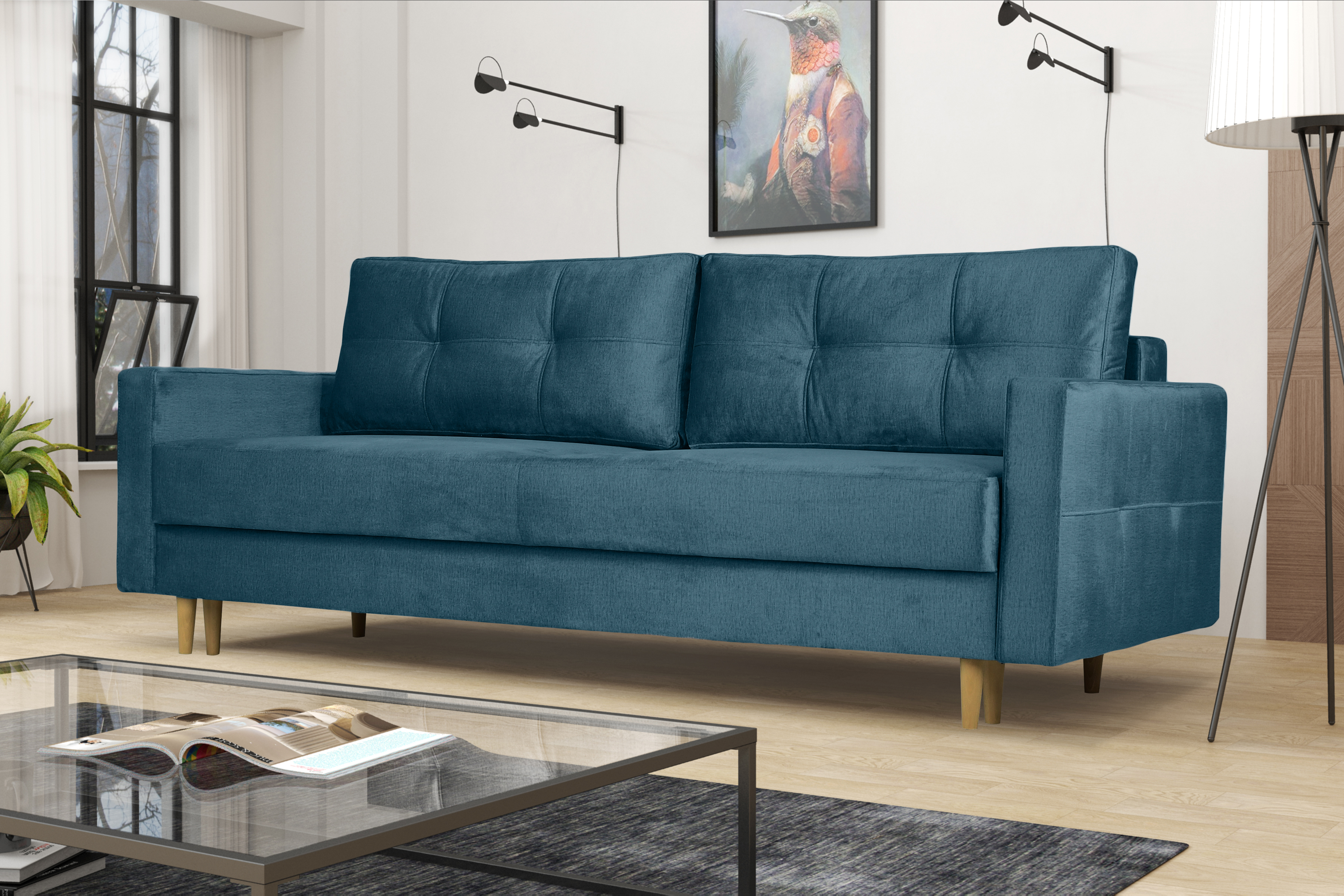 Meblomania Sofa FLORO mit Schlaffunktion, Bettkasten, DL-Entfaltungssystem - Blau 06063