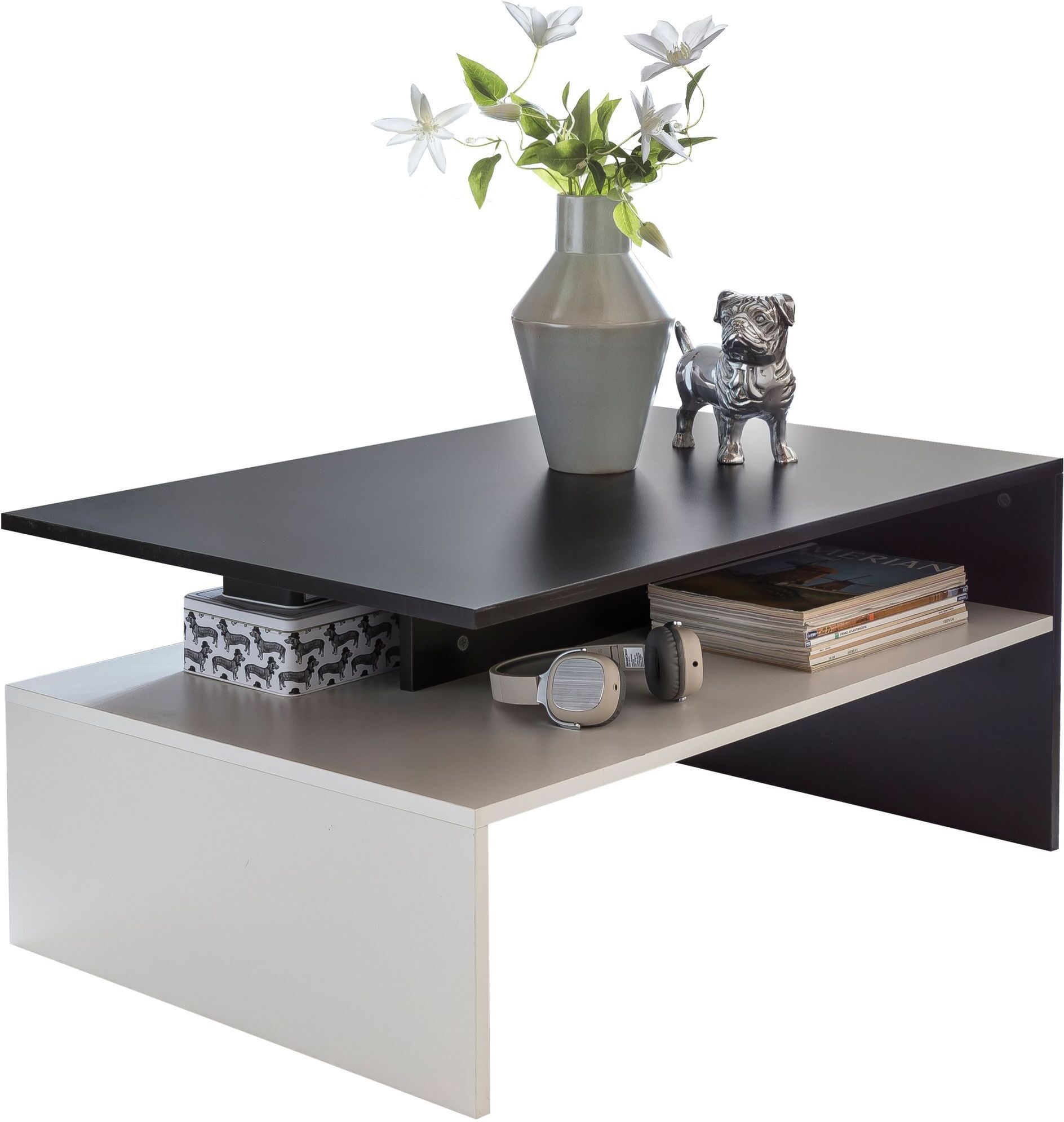 tinkaro Wohnzimmertisch BLERIAN rechteckig Holz Couchtisch Weiß/Schwarz 012211
