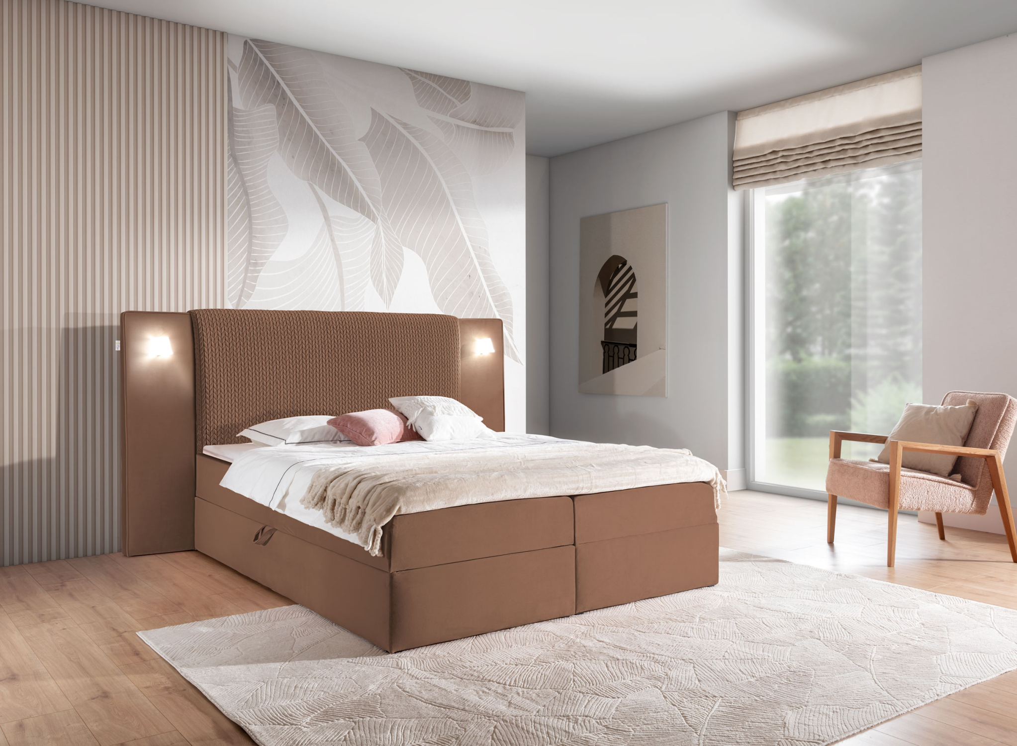 Manželská posteľ 160x200 SIANA s LED osvetlením - hnedá + topper ZDARMA