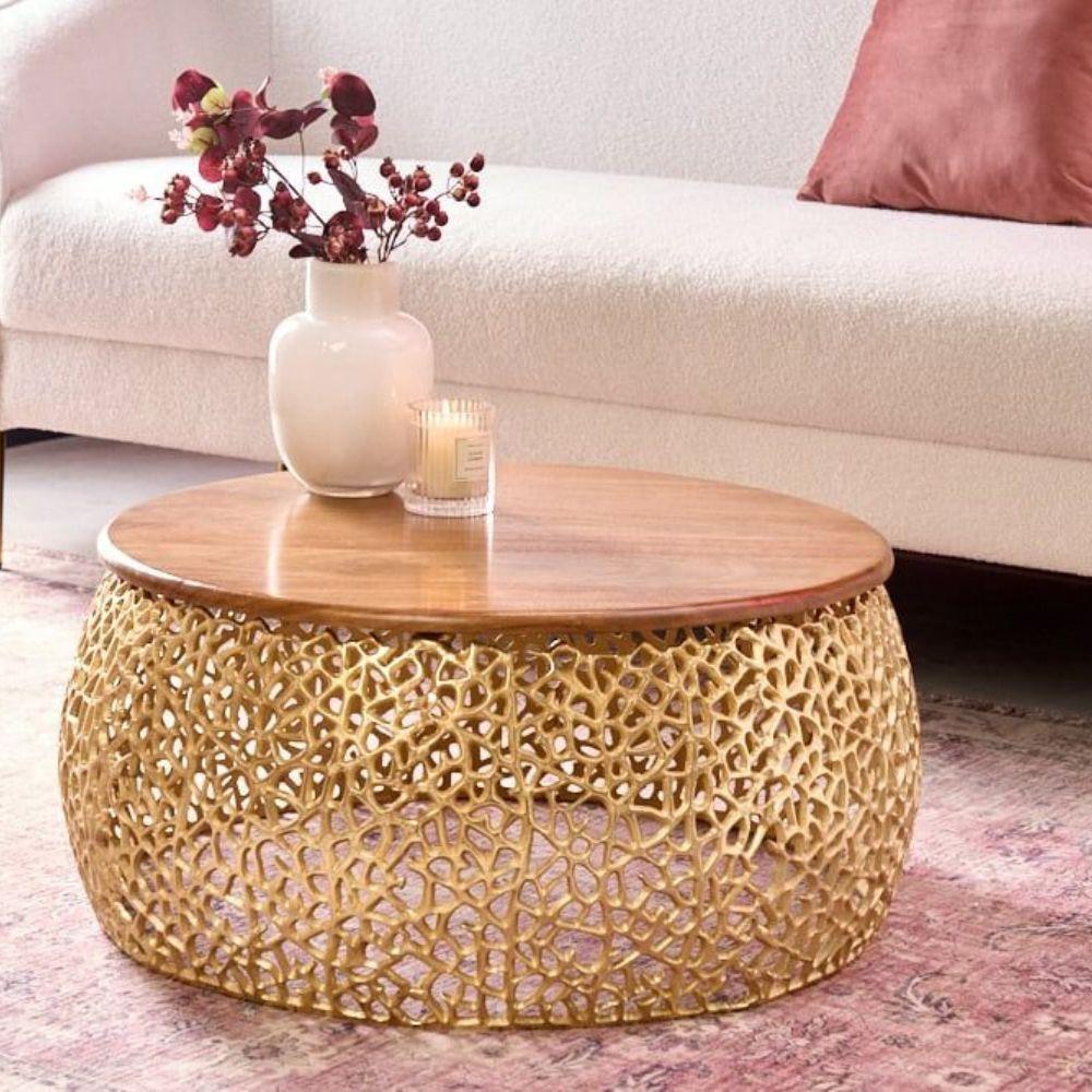 LEBENSwohnART Extravaganter Couchtisch RIXOS ca.73cm gold Metall Akazie 43228
