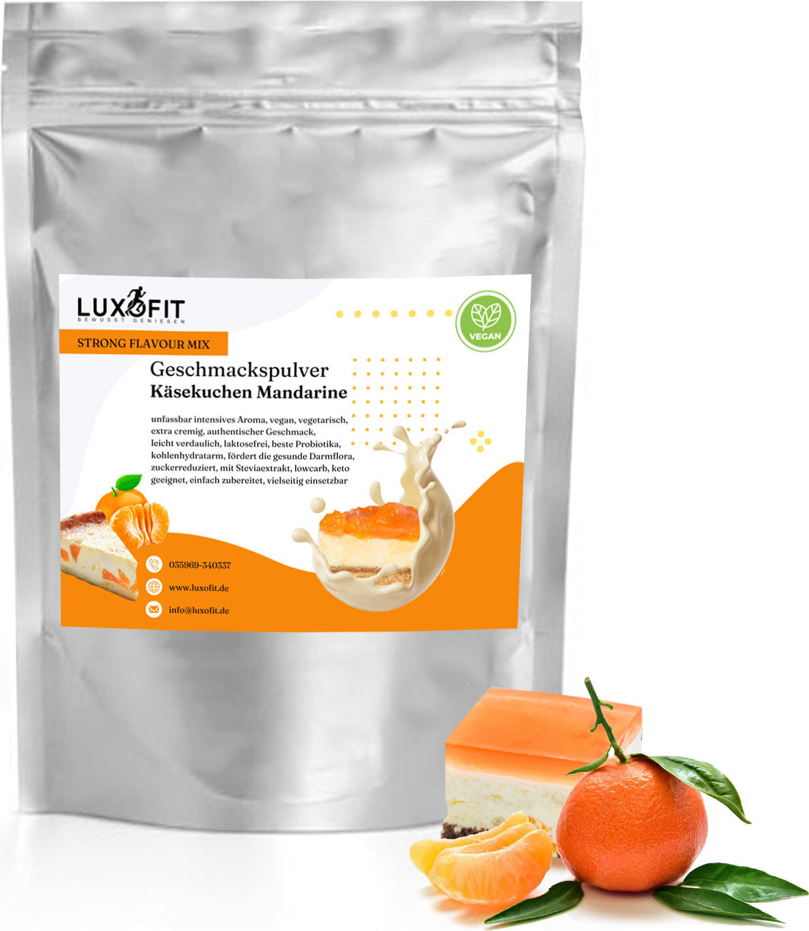 Luxofit Käsekuchen Mandarine Geschmackspulver Mix Flavour kalorienarm 300 g GP-066