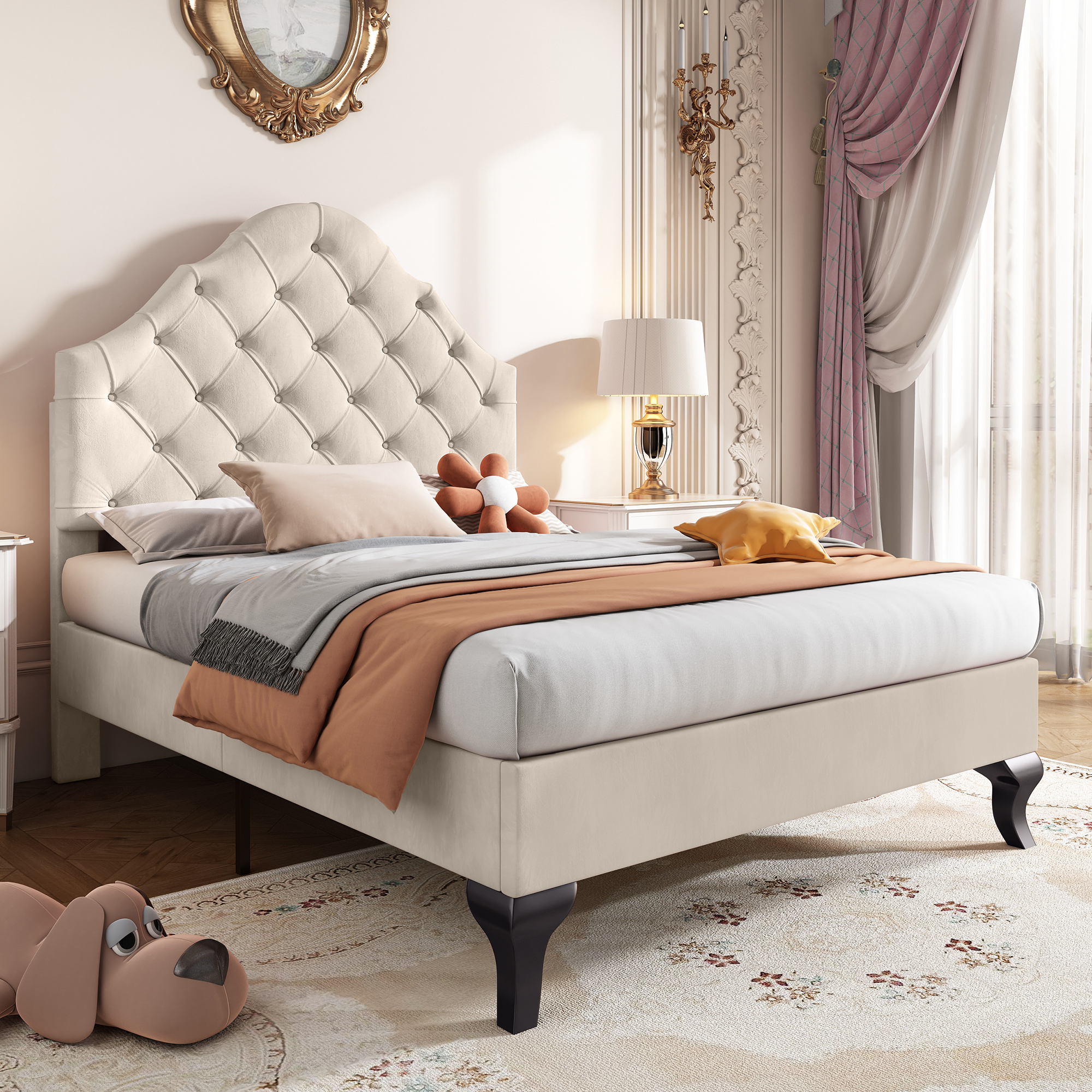 MODFU Polsterbett 90x200cm mit höhenverstellbarem Kopfteil und Lattenrost, Einzelbett Jugendbett aus Samt und Massivholz(Ohne Matratze), Beige