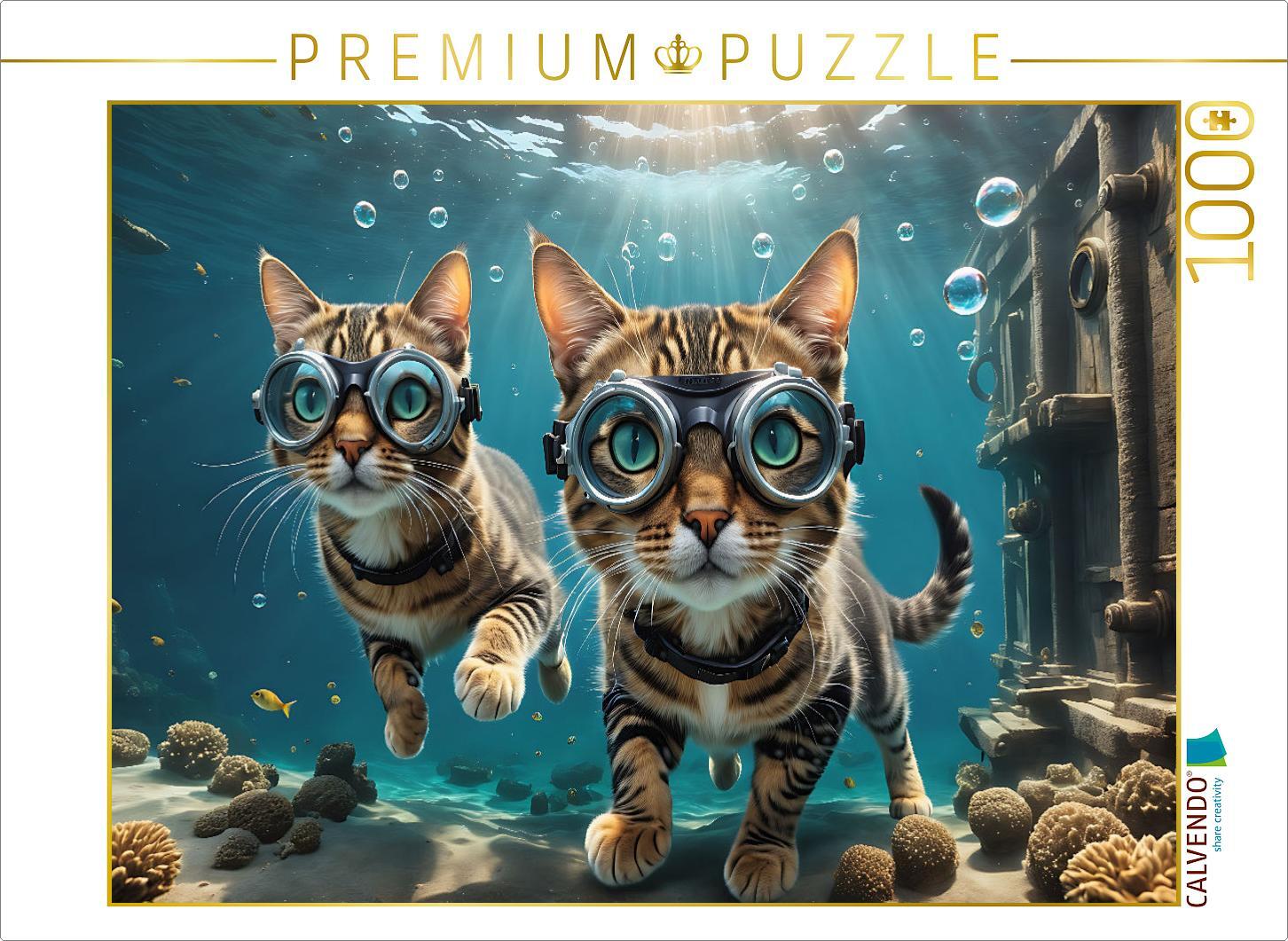 CALVENDO Puzzle Katzenpärchen beim Wracktauchen | 1000 Teile Lege-Größe 64x48cm Foto-Puzzle für glückliche Stunden