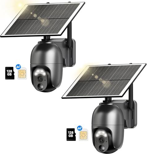 4G LTE Vonkajšia solárna monitorovacia kamera SIM karta 128 GB 【Pack 2】 2K HD PTZ Wireless bez WLAN batérie, 360 ° rotácia, farebné nočné videnie, 2-cestné