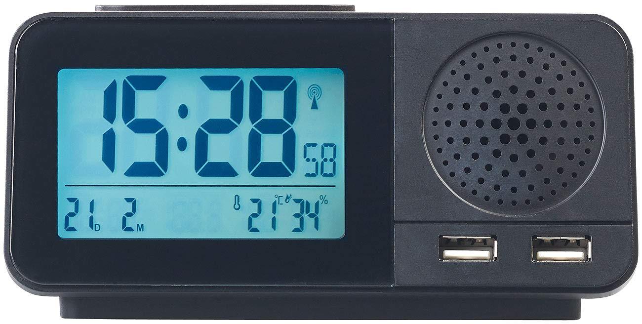 auvisio Funkradiowecker: Funk-Radiowecker mit 2 Weckzeiten, Hygro- & Thermometer, 2X USB, 2 A (Funk Radiowecker mit Netzteil, Radiofunkwecker, Alarm)