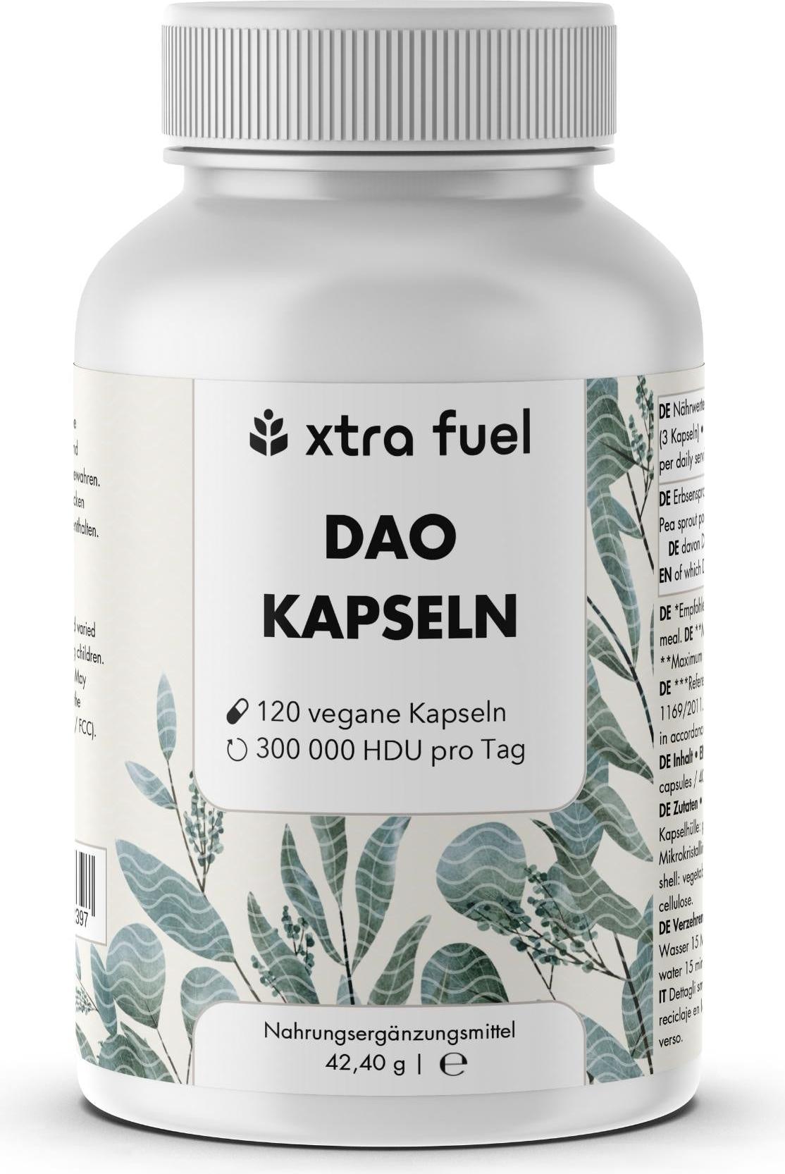 XTRA FUEL DAO Enzym Kapseln - Vegane Diaminoxidase aus Erbsensprossen - 300.000 HDU – 1x Dose (120x DAO Kapseln)