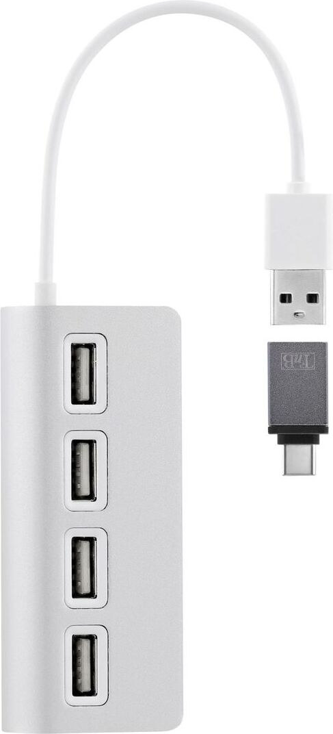 Tnb T'nB HUBSLIM4, USB 2.0, USB 2.0 Type-A, 480 Mbit/s, Weiß, 0,14 m, 55 mm HUBUSB4ALU