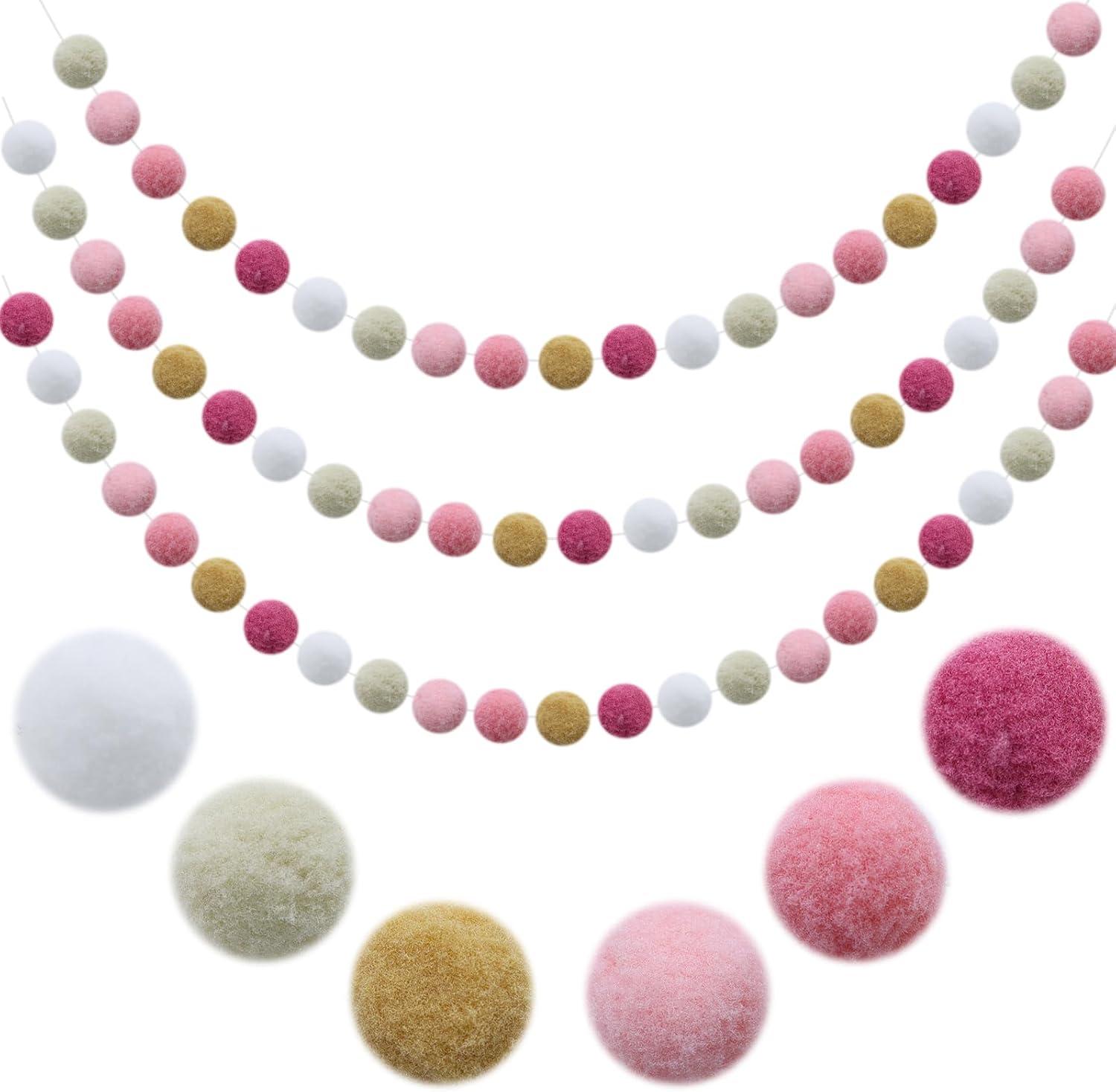 oCreon Wollene Girlanden: 3 Stück. Pompon-Girlande: 90 Pompons. Girlande für das Kinderzimmer: 7