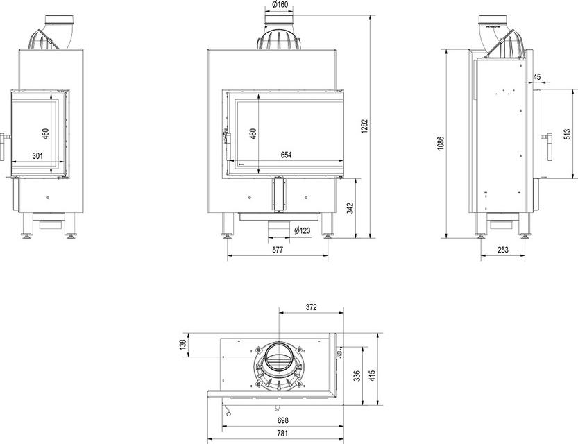 Oceľový krb KRATKI LUCY SLIM pravý 8 kW Ø 160 samozatváracie dvierka