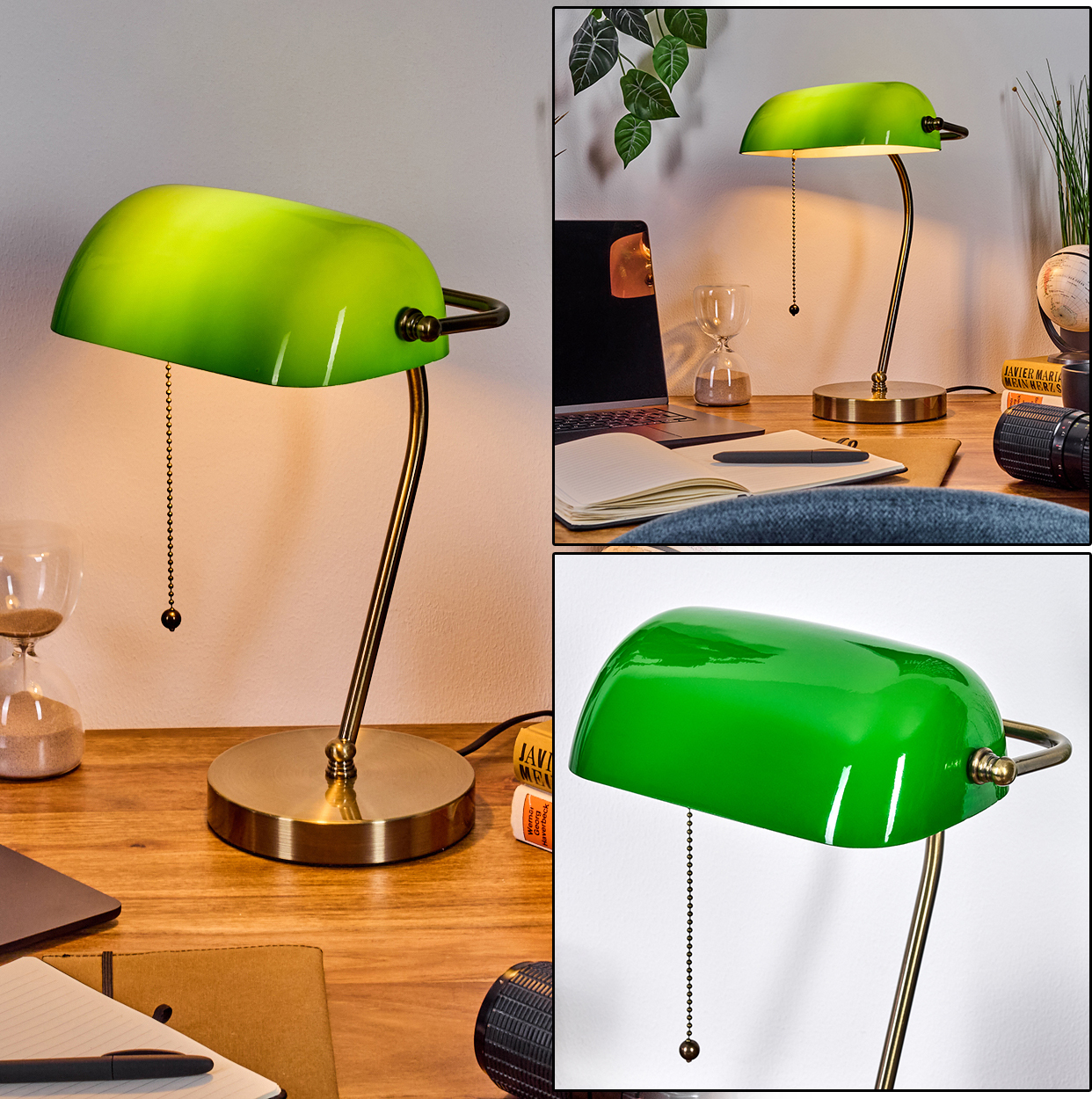 hofstein Codogno Tischlampe aus Metall/Glas in Altmessing/Grün/Weiß H3917947