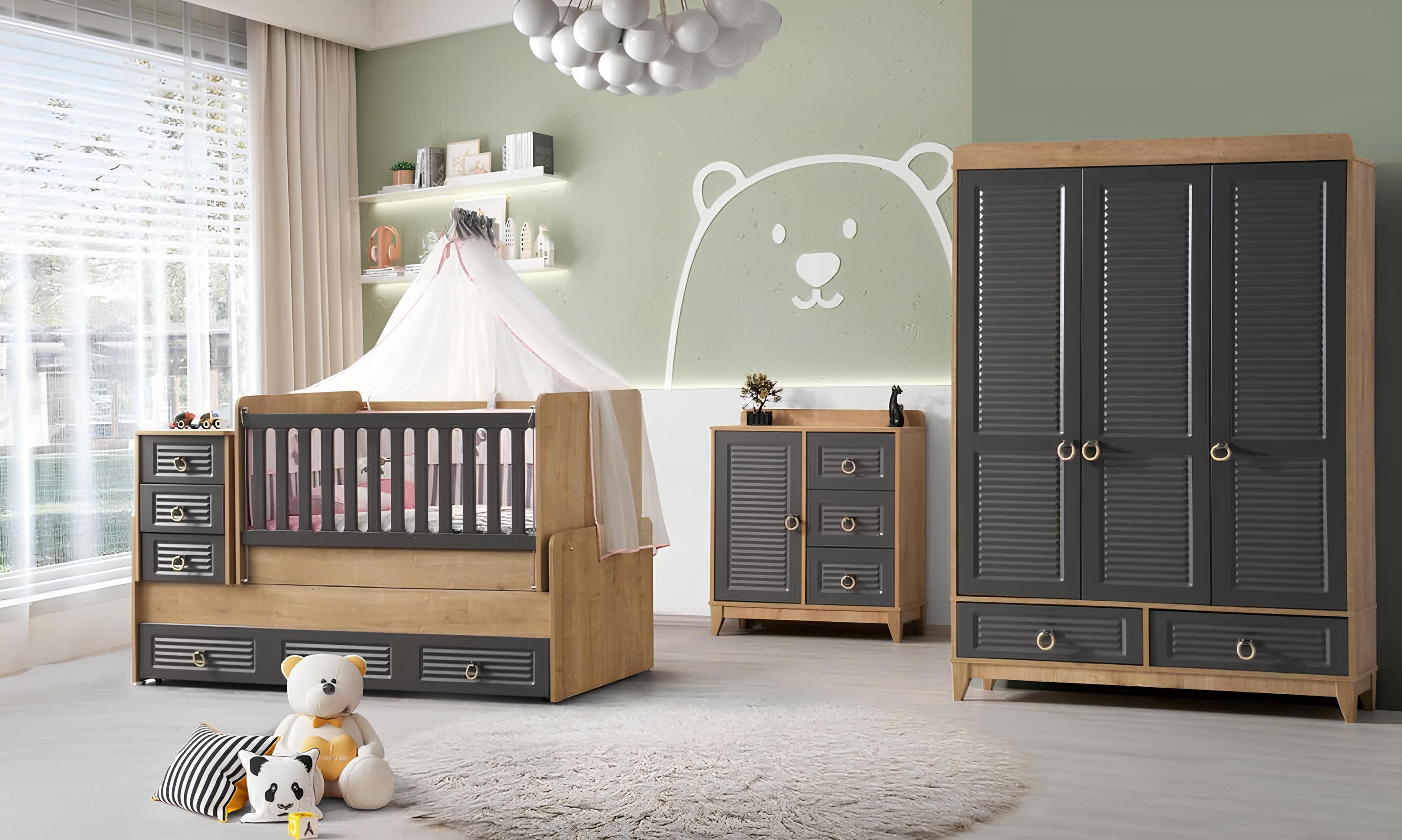 AEA Stilvoll Kinderzimmermöbel Kinderzimmer Kinderbett Grau Holz Set 4tlg
