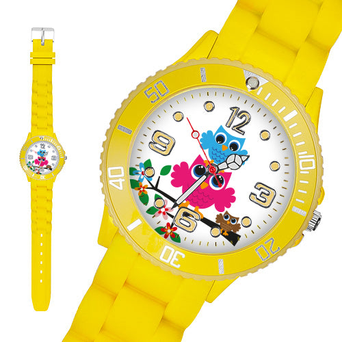 Taffstyle Kinder Armbanduhr Kinder Silikon Armbanduhr mit Eulen Motiv, Gelb / 34mm
