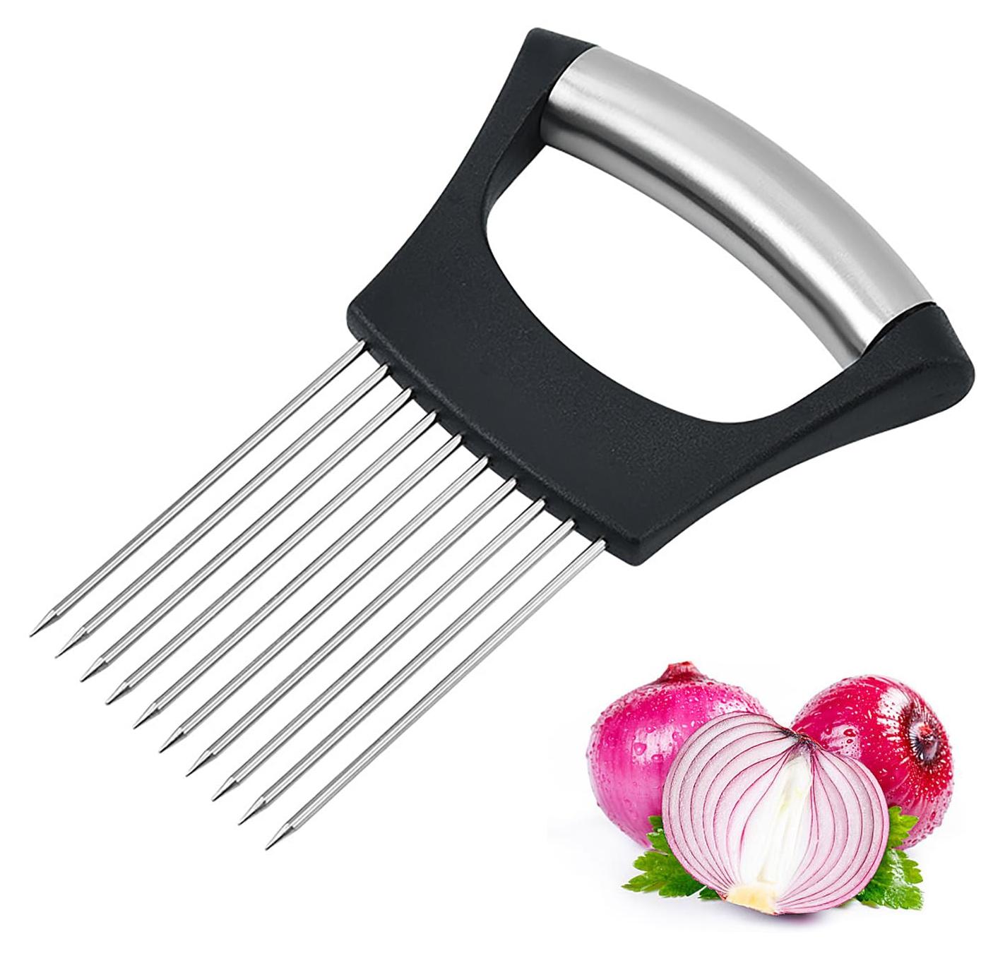 Markenlos Edelstahl Zwiebelschneider Halter-Food Slice Assistant, Gemüseschneider, Schneidehilfswerkzeug Schwarz 14.2cm*9.5cm
