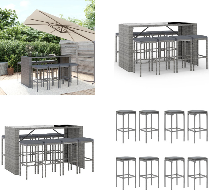 vidaXL 9 tlg. Gartenbar Set mit Kissen Grau Poly Rattan - Gartenbar Set - Gartenbar Sets - Garten Bar Set - Gartenbar