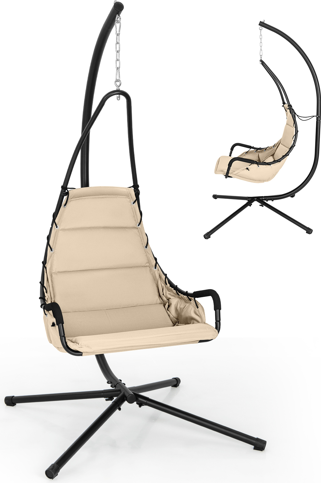 KOMFOTTEU Hängesessel mit Getell, Hängemattenstuhl mit gepolstertem Sitz, Schaukelstuhl Hängestuhl max 120 kg belastbar, Hängesessel Hängekorb für Garten Terrasse (Beige) WY00215KNDE