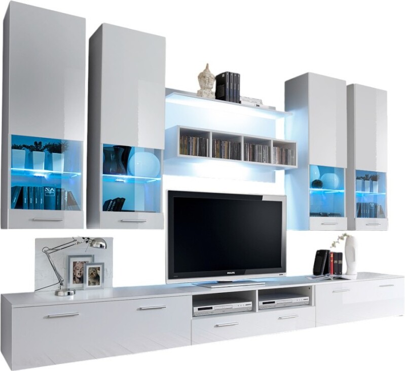 Meublorama Design-TV-Möbelzusammensetzung, Kollektion SAGA, Farbe Weiß.