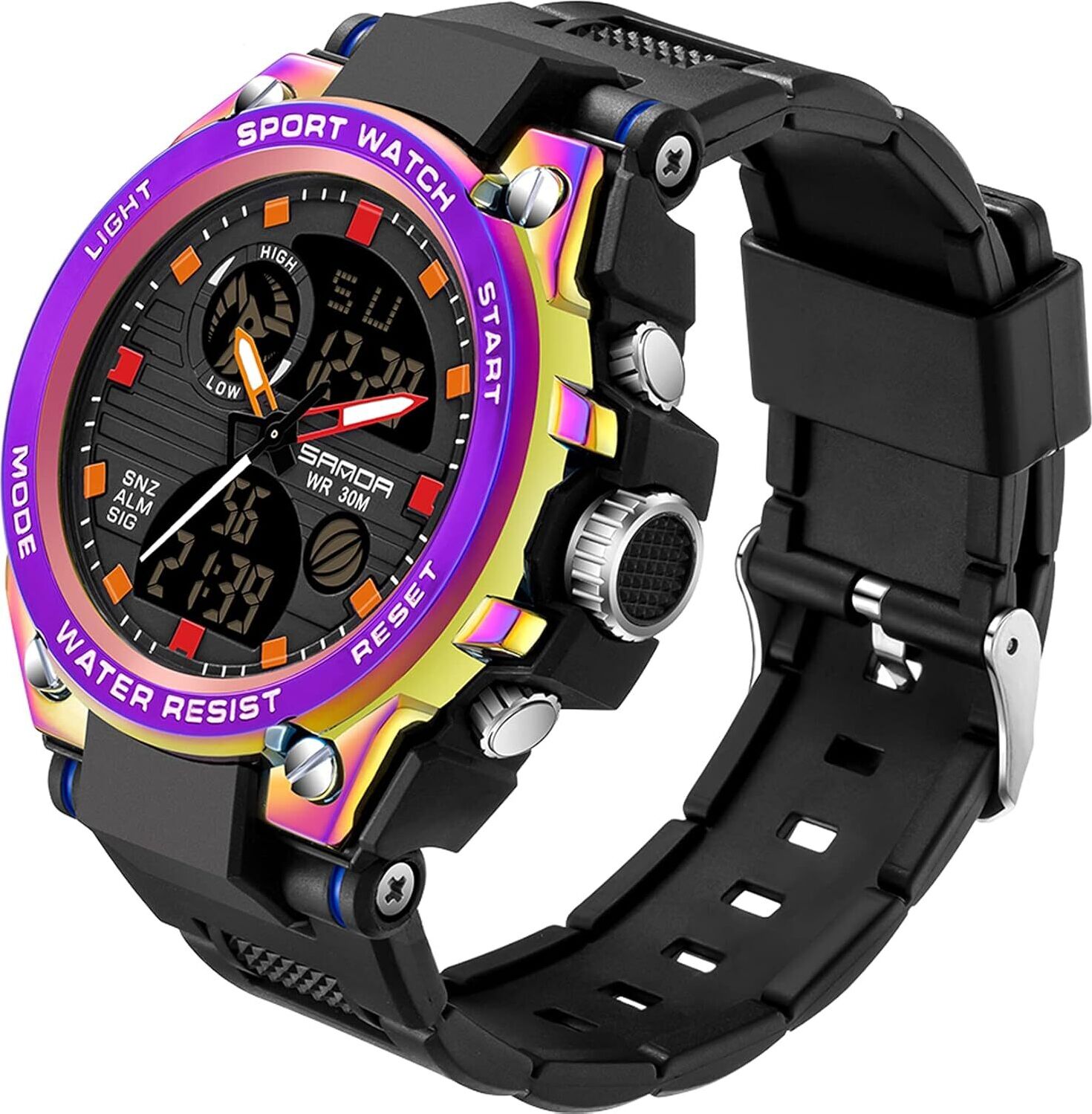 findtime Herren Sportuhr Analog Digital, Outdoor Armbanduhr mit LED-Anzeige, Kalender, zwei Zeitzonen, großer Ziffernblatt, Militärstil, robuste Männeruhr