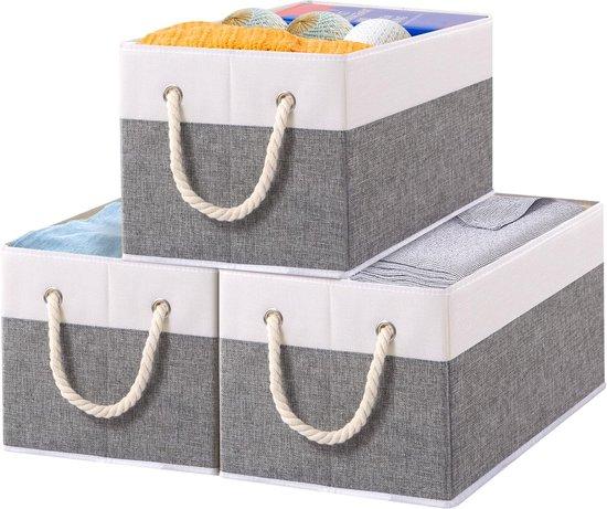 Famanu Aufbewahrungsbox Stoff - Faltbare Aufbewahrungsboxen - Waschbar - Offene Stoffbox - für Schlafzimmer - Kleideraufbewahrung - Weiß/Grau - B0BXCXKWBM