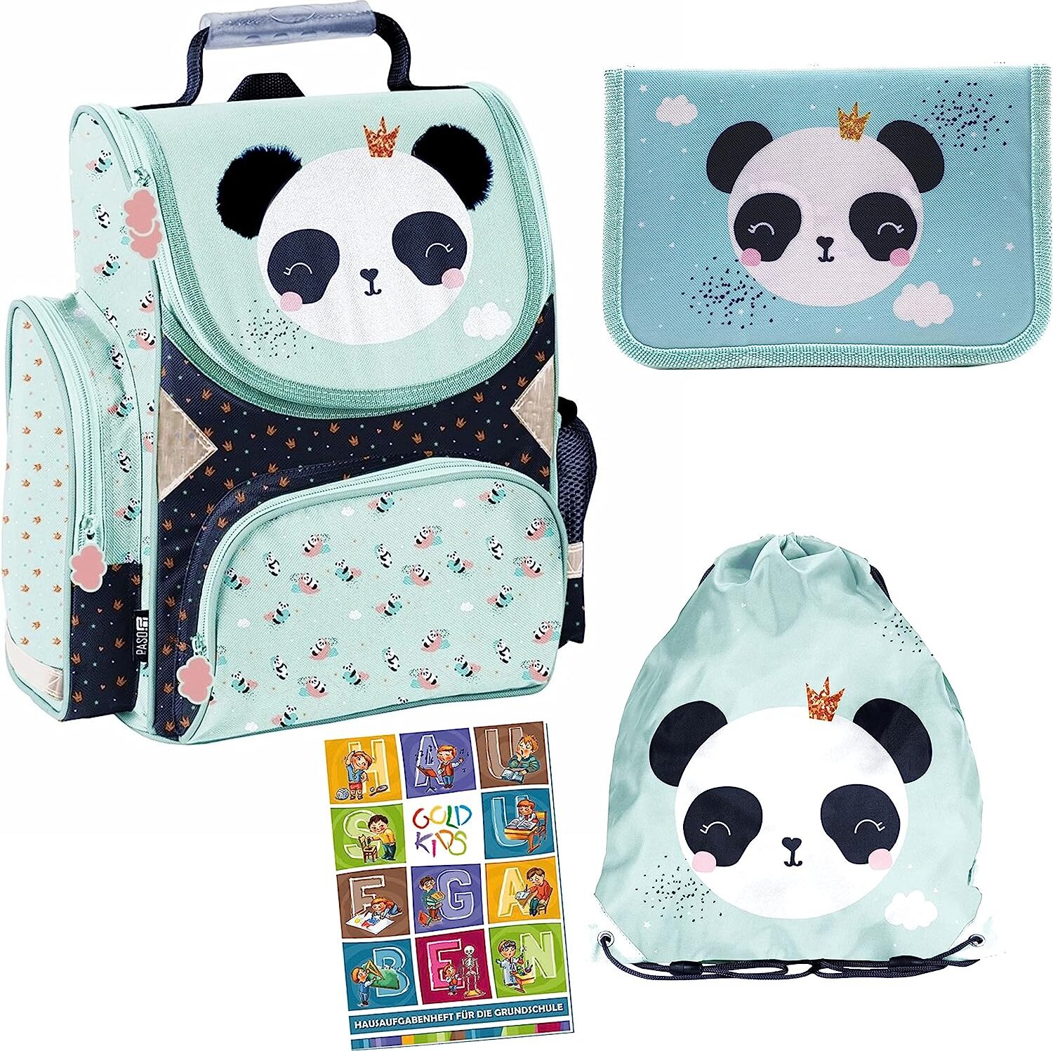 Goldkids Schulranzen Set Panda Motiv ergonomischer Ranzen Federmappe Aufgabenheft für die Grundschule 4er Set. Geeignet ab der ersten Klasse der Grundschule PP23PQ