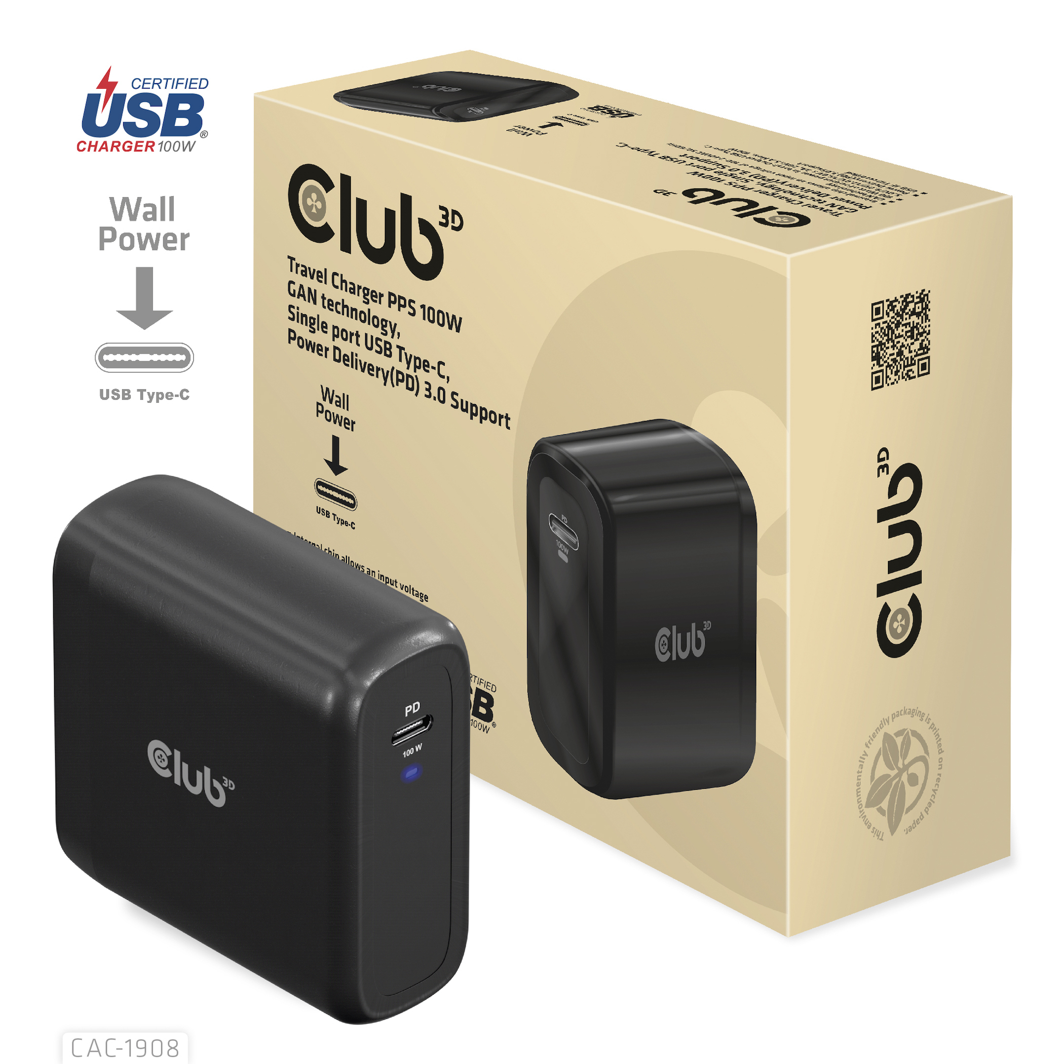 Club 3D CLUB3D Reiseladegerät 100 Watt GAN-Technologie, USB-IF TID-, Einzelanschluss USB Typ-C, Power Delivery (PD) 3.0-Unterstützung, Drinnen, USB, Schwarz CAC-1908