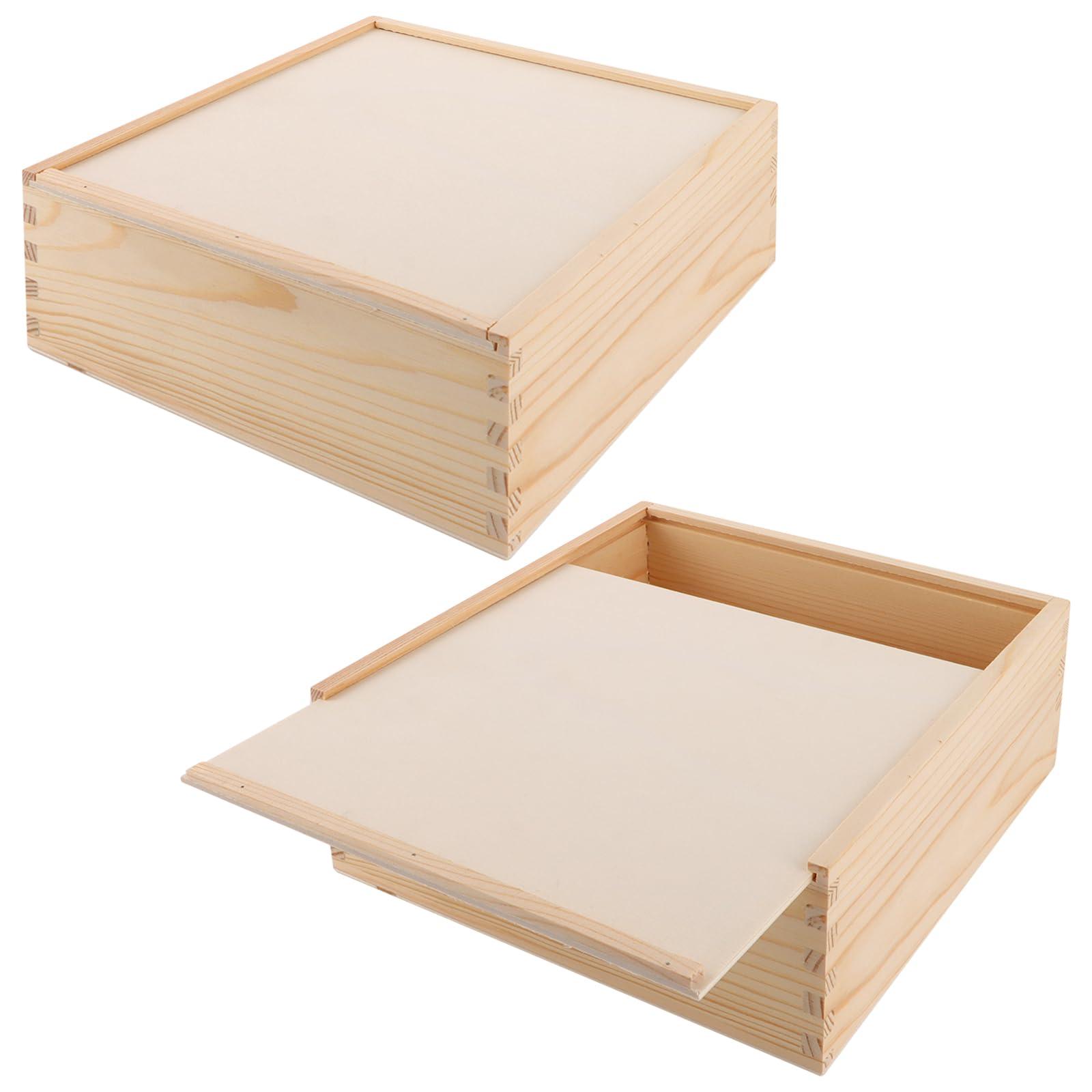 Markenlos 2 Schiebeboxen aus Birkensperrholz, Holzkiste 200x200x80 mm mit Deckel, Holzkiste mit Schiebedeckel, vielseitige Holzkiste für