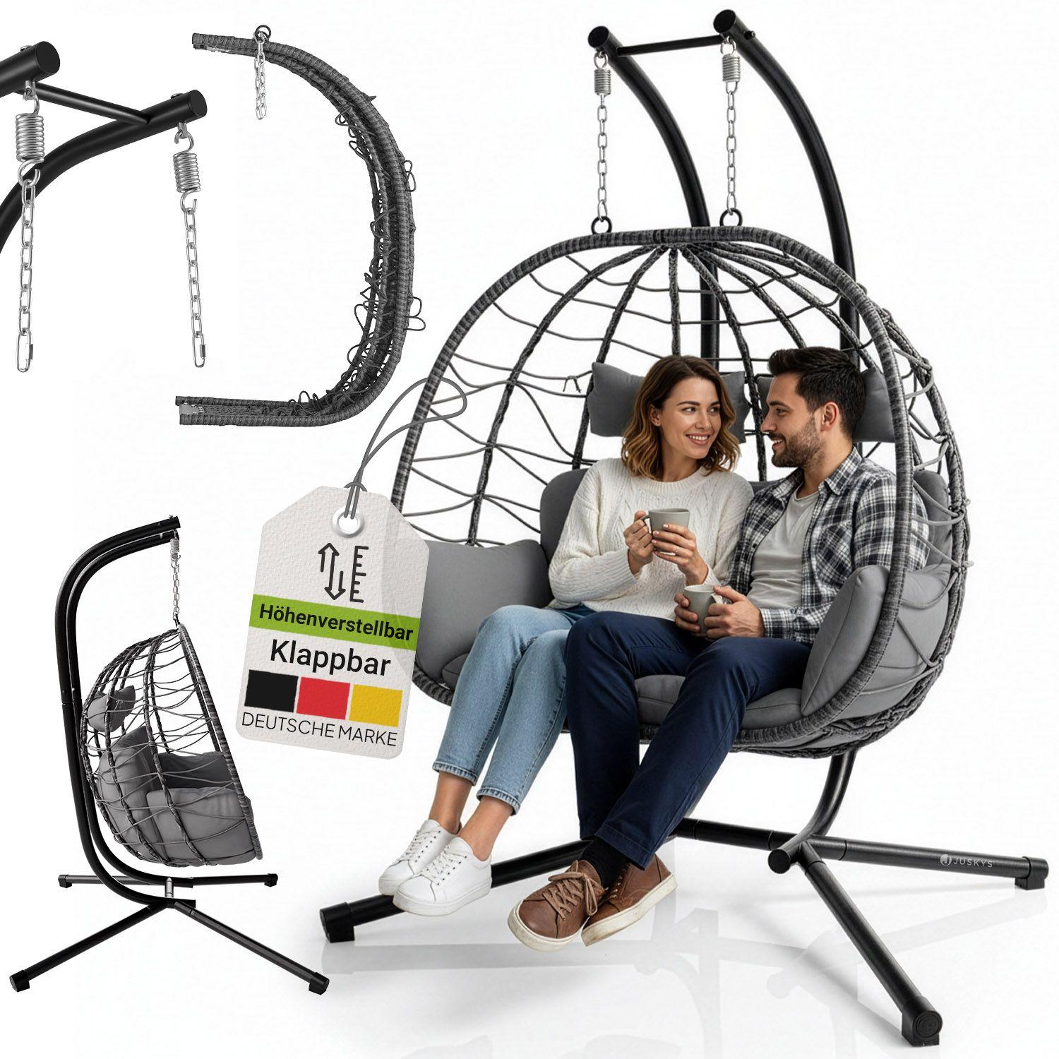 Juskys Doppelhängesessel Aria - Polyrattan Hängesessel mit Gestell & Kissen - Grau 51405