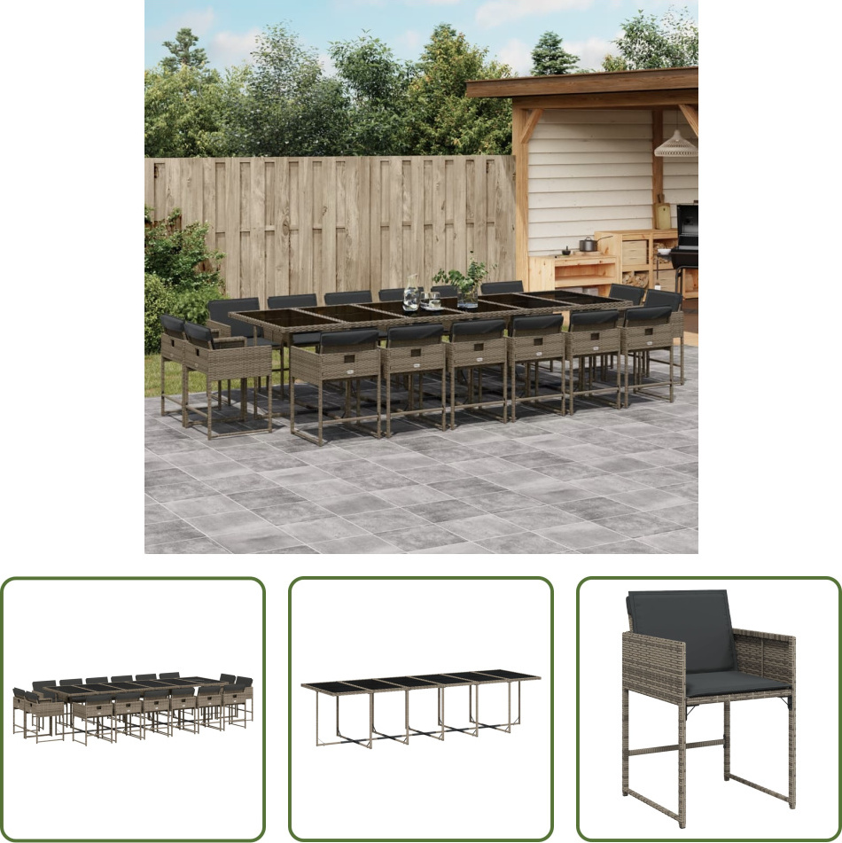 The Living Store 17-dielny záhradný jedálenský set s vankúšmi sivý polyratan