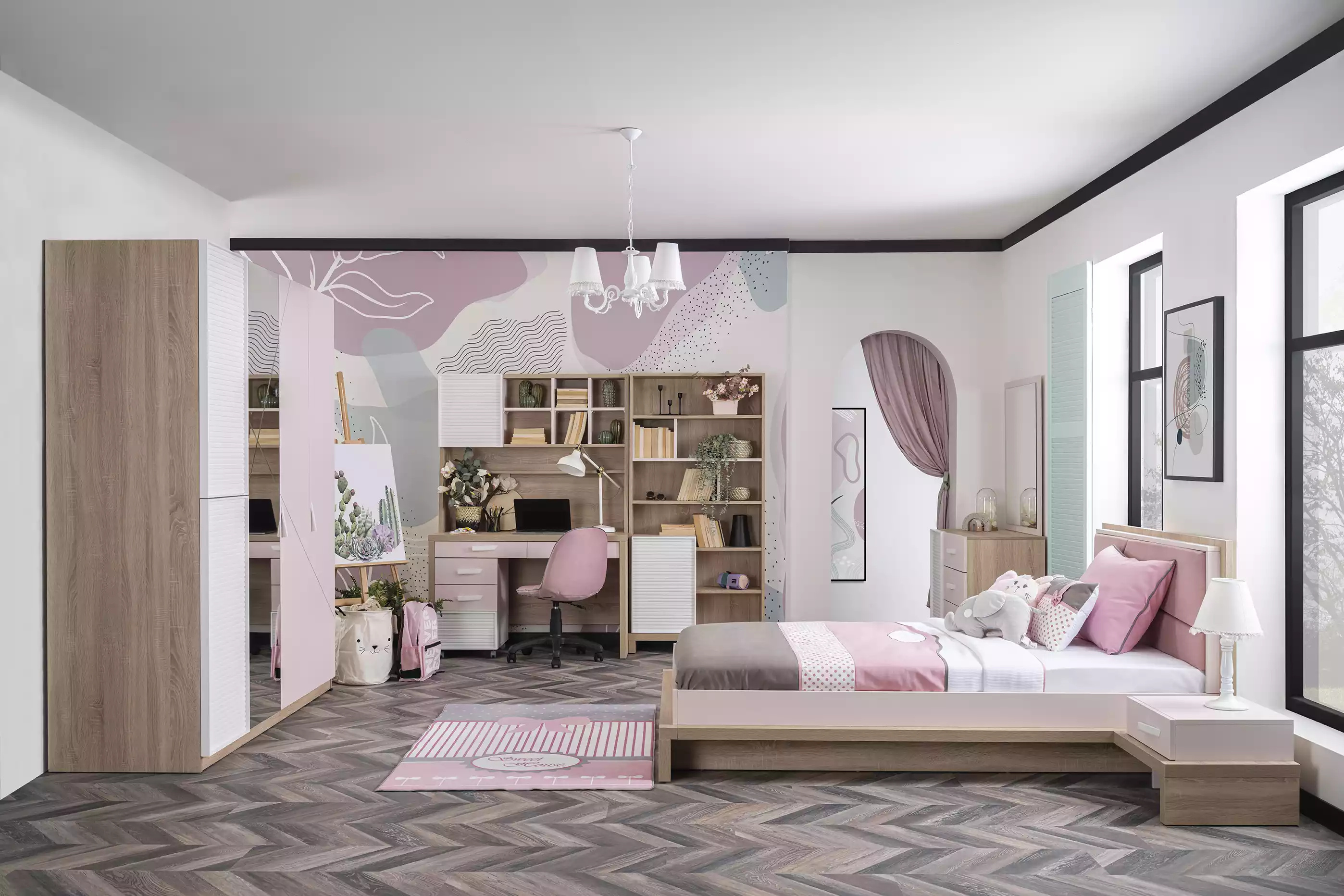 Kinderzimmer Kinderbett Bett Holz Rosa Garnitur Kindermöbel Set 9tlg