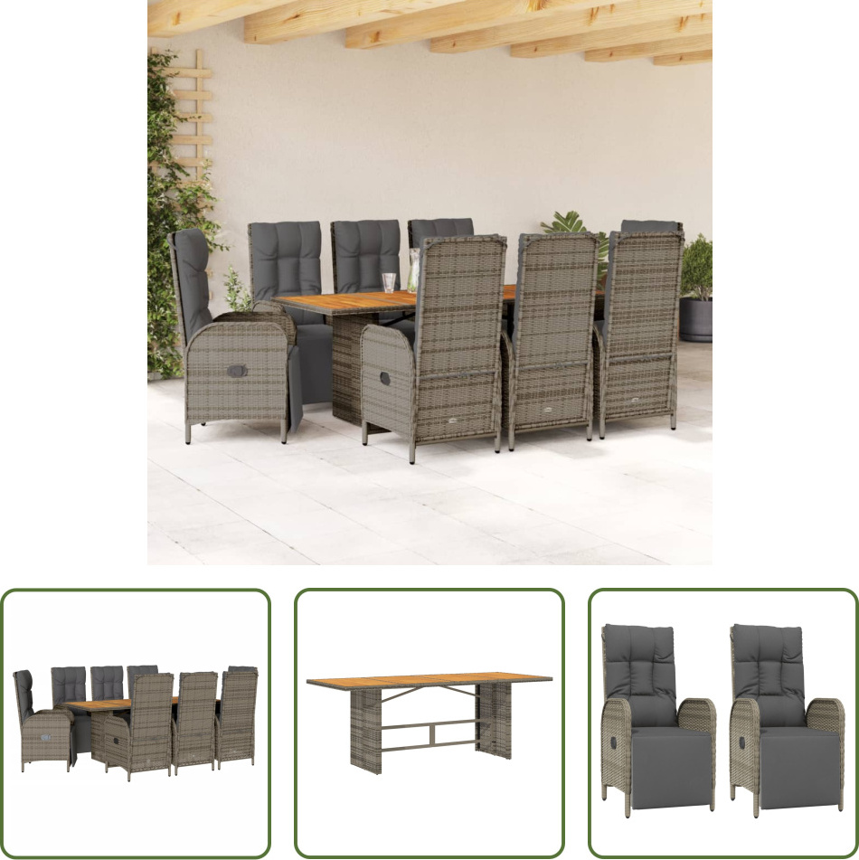 The Living Store 9-dielny záhradný jedálenský set s vankúšmi sivý polyratan