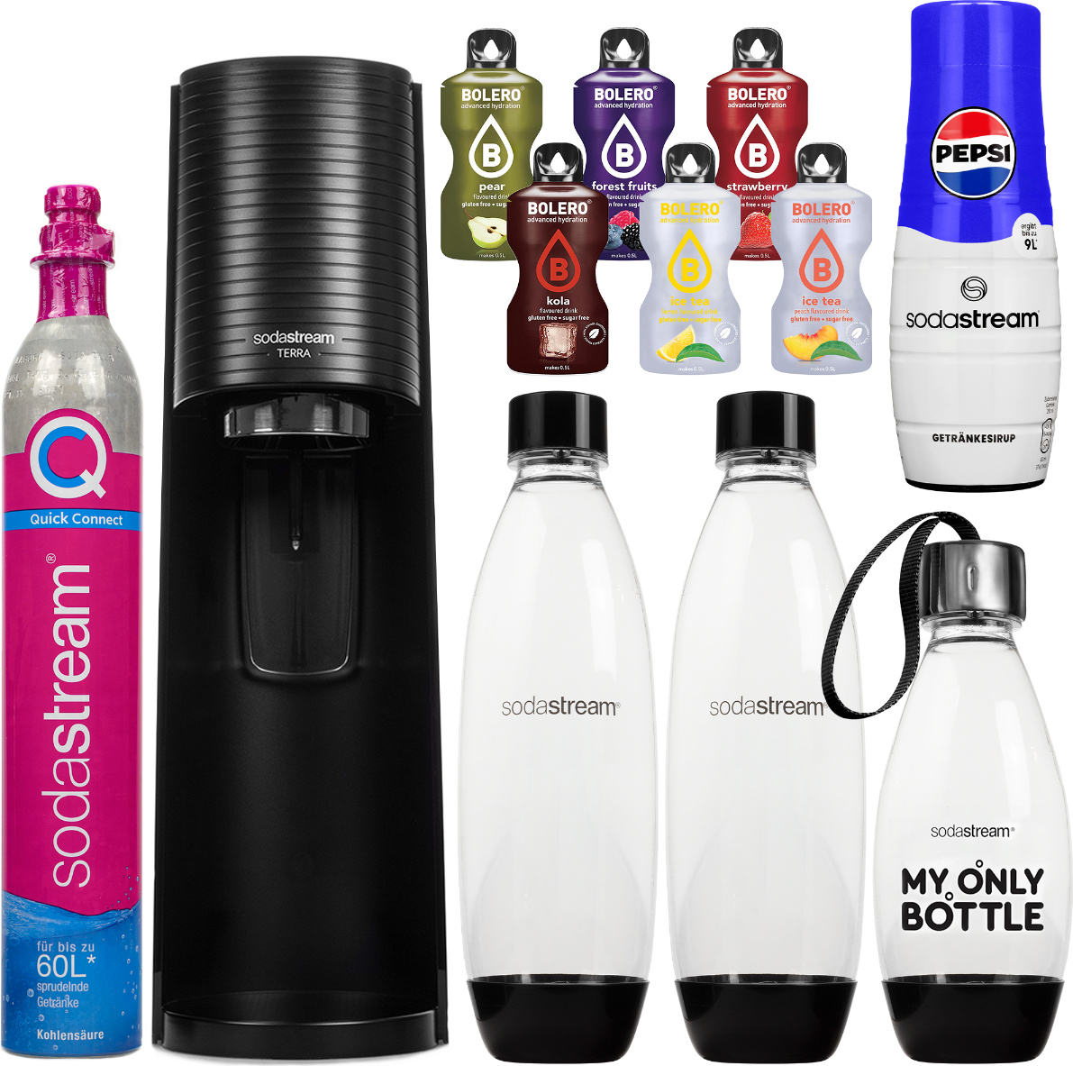 Výrobník perlivej vody SodaStream Terra Black + 3 fľaše + sirup Pepsi 440 ml + Bolero