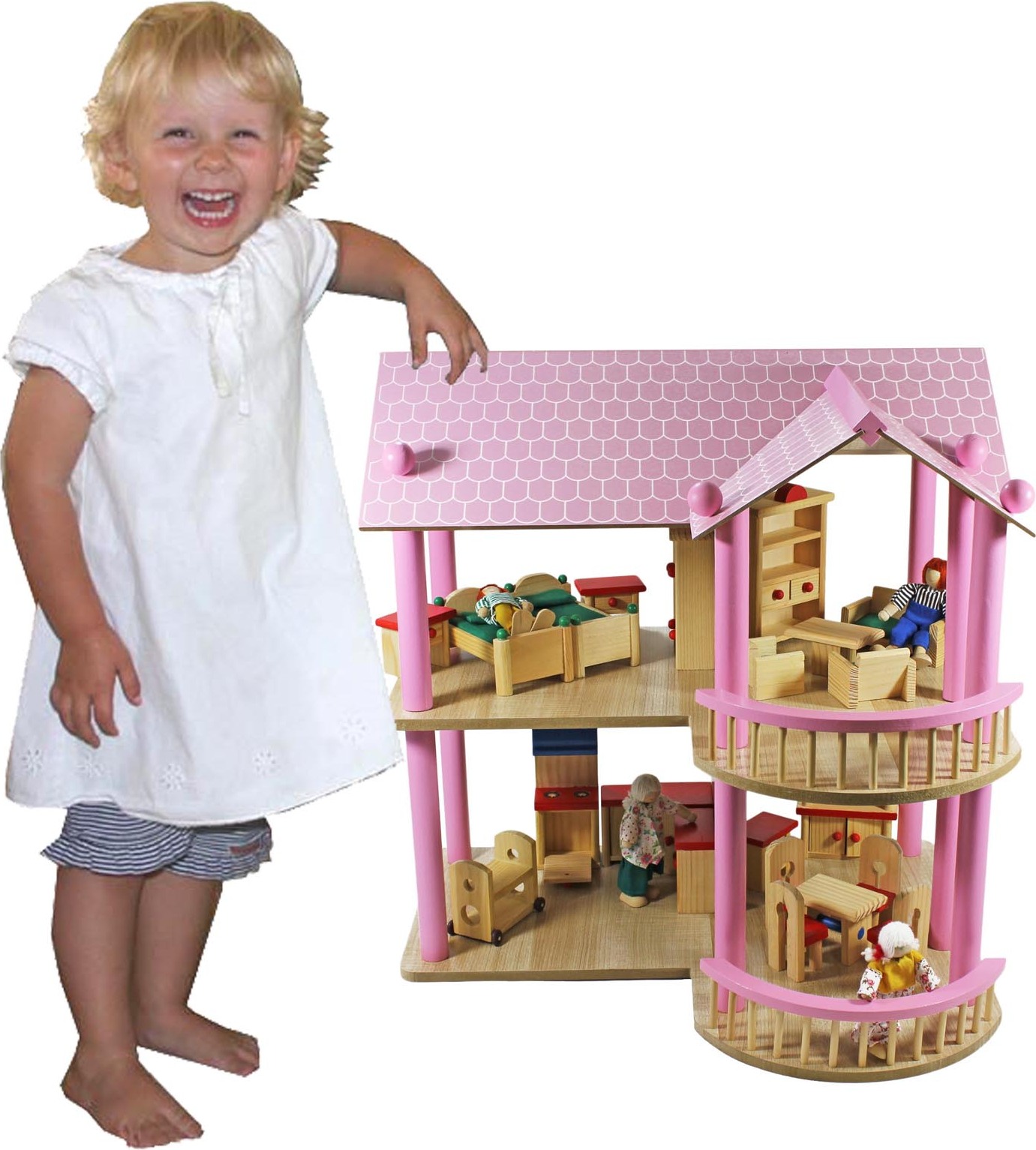 VDP riesiges XL Puppenhaus Villa Puppenvilla Dollhouse Holz Möbel Puppen 2 Etagen SKYB621